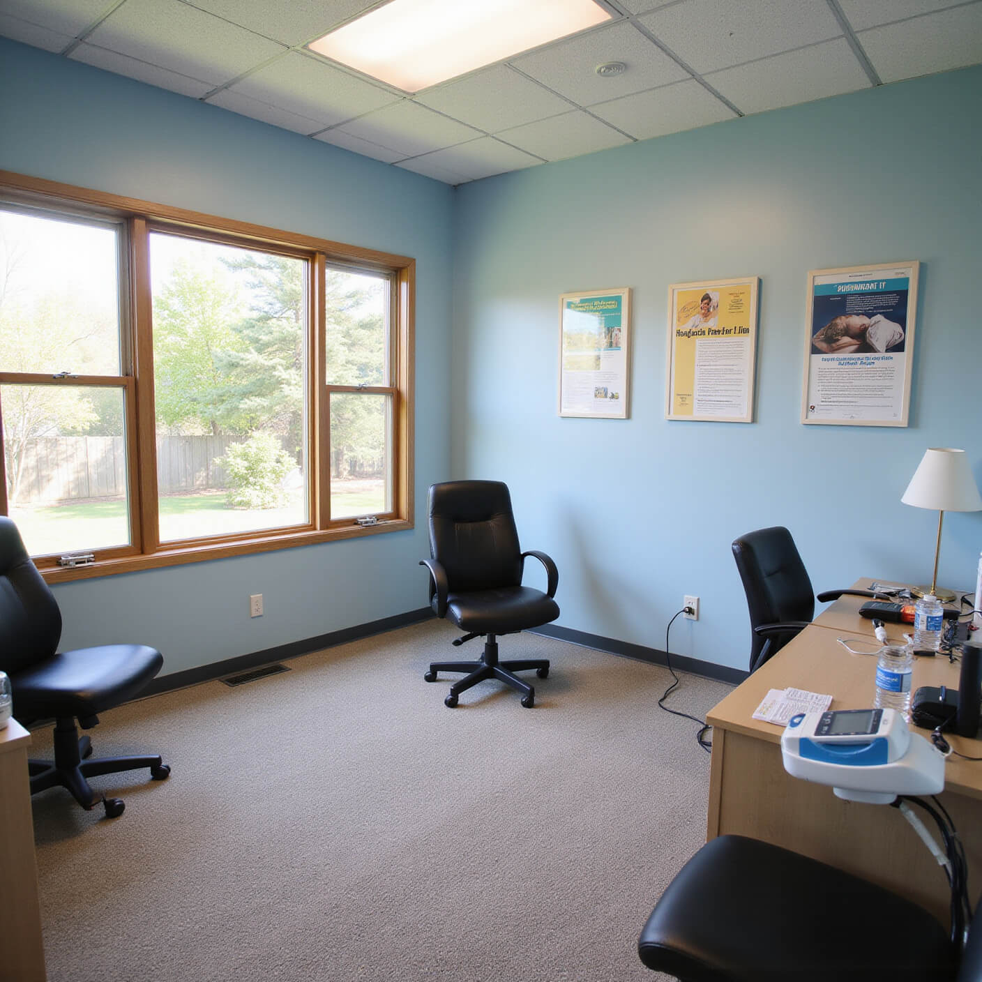 A cozy wellness room with calming blue walls, educational headache prevention posters, comfy chairs, blood pressure monitor, neatly arranged materials, and large windows overlooking a healing garden.