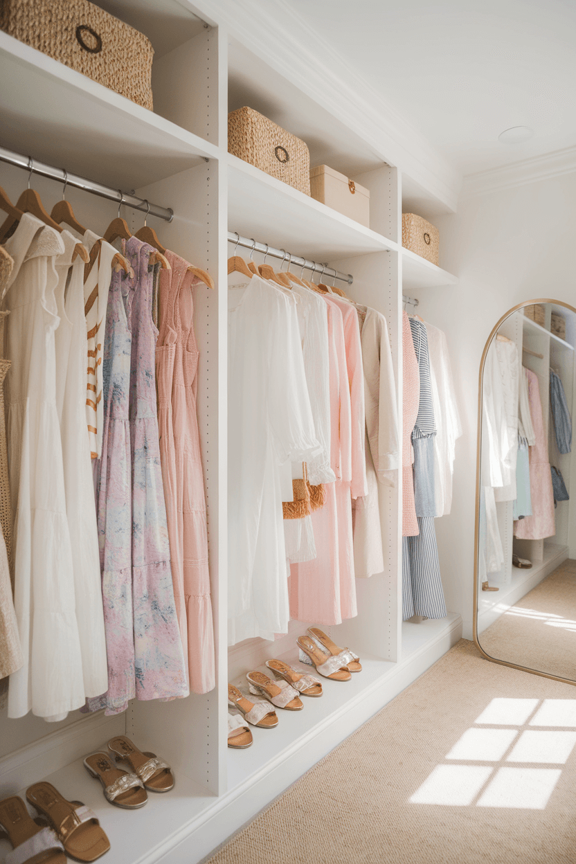 Bright, organized walk-in closet featuring white built-ins, pastel summer wardrobe, woven accessories, metallic sandals, and a full-length mirror reflecting natural light.