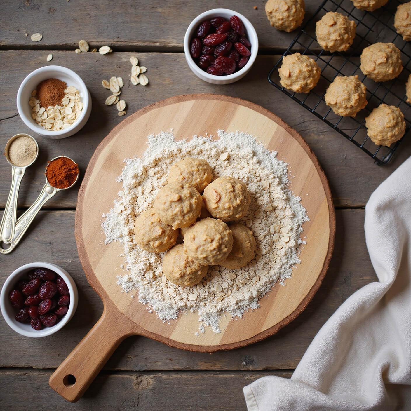 Homemade oatmeal cookie preparation on a rustic wooden surface with flour, oats, spices, cranberries, nuts, and cookie dough balls in soft afternoon light.