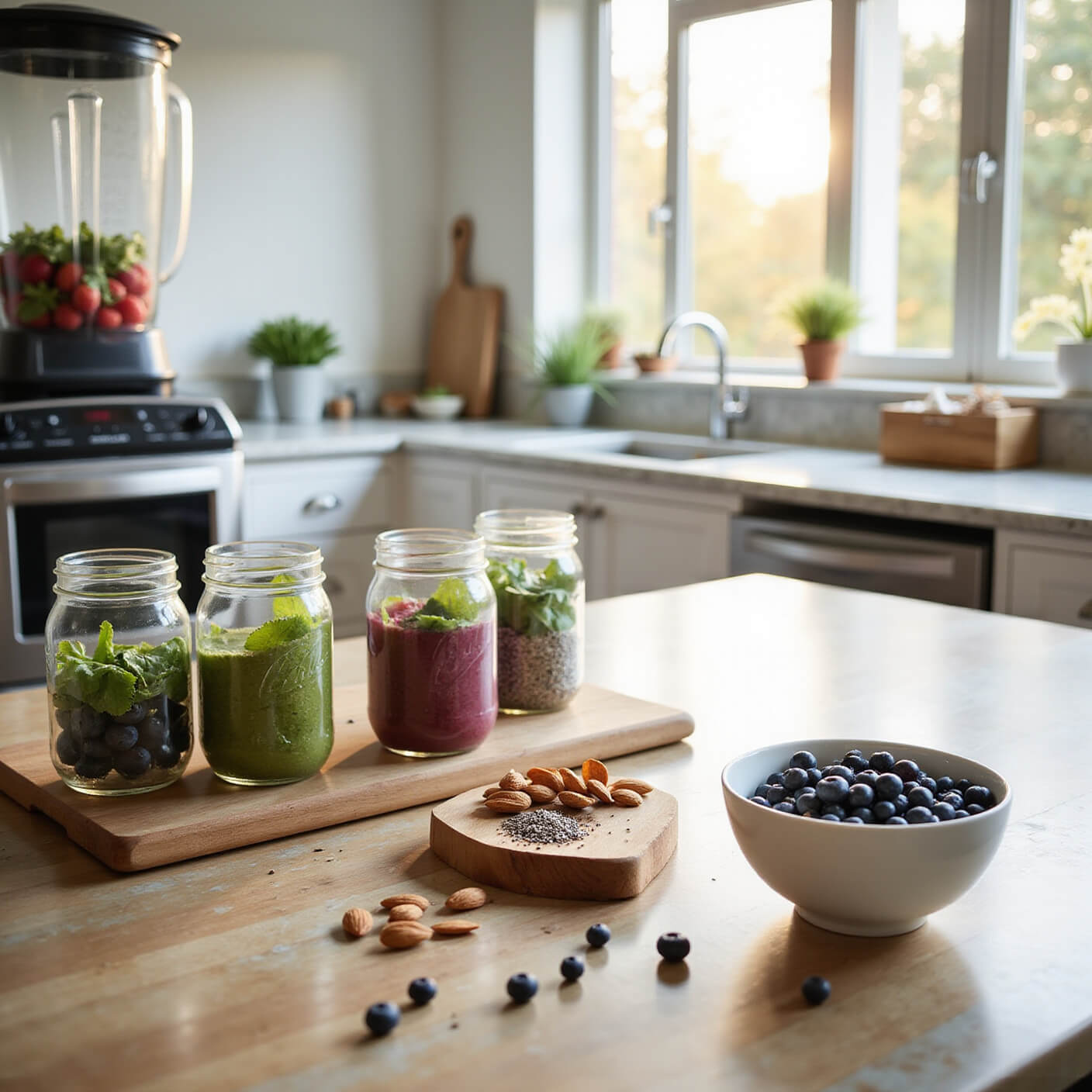 Modern sunlit kitchen with smoothie ingredients on a wooden breakfast bar, including blueberries, mason jars, and a blender on marble countertops.
