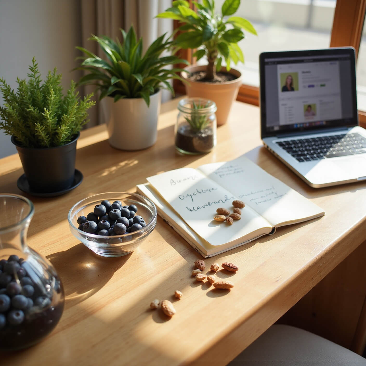 Cozy home office with ergonomic desk, fresh blueberries and nuts in a bowl, water carafe, open journal, potted plants, and laptop displaying cognitive apps, bathed in warm golden hour light.