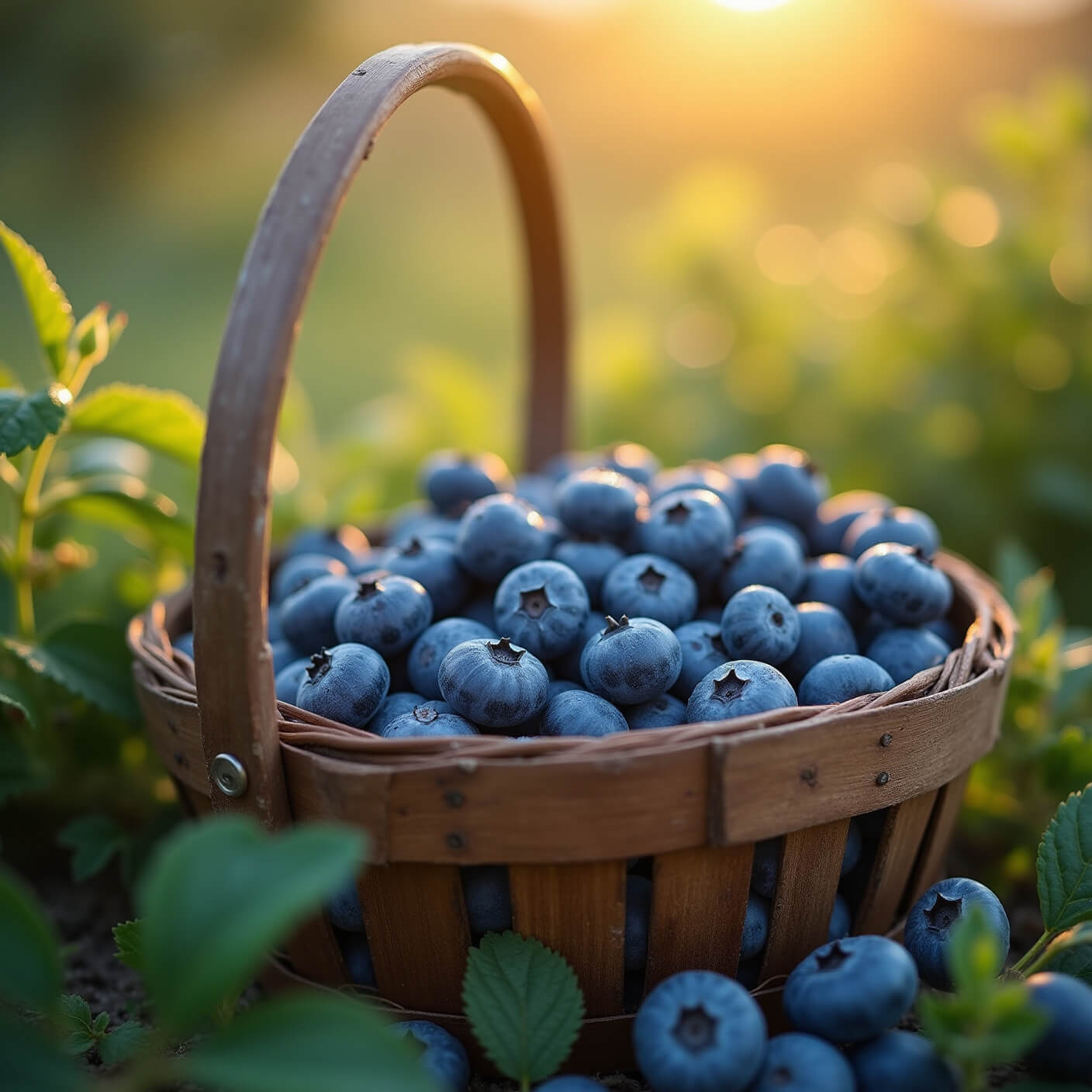 Vintage wooden basket filled with fresh organic blueberries among lush bushes at golden hour, with dewy berries and soft bokeh background.