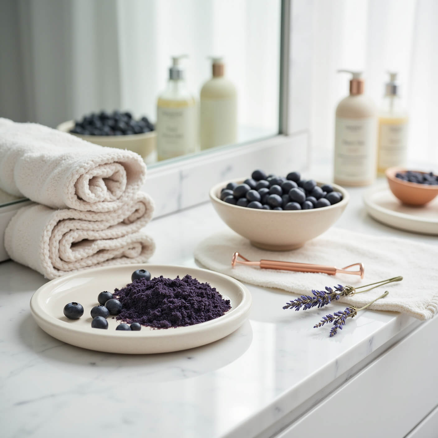 Minimalist wellness bathroom with marble counter, blueberries, natural skincare products, ceramic plate with face mask ingredients, linen towels, dried lavender, and copper facial roller in soft diffused light.