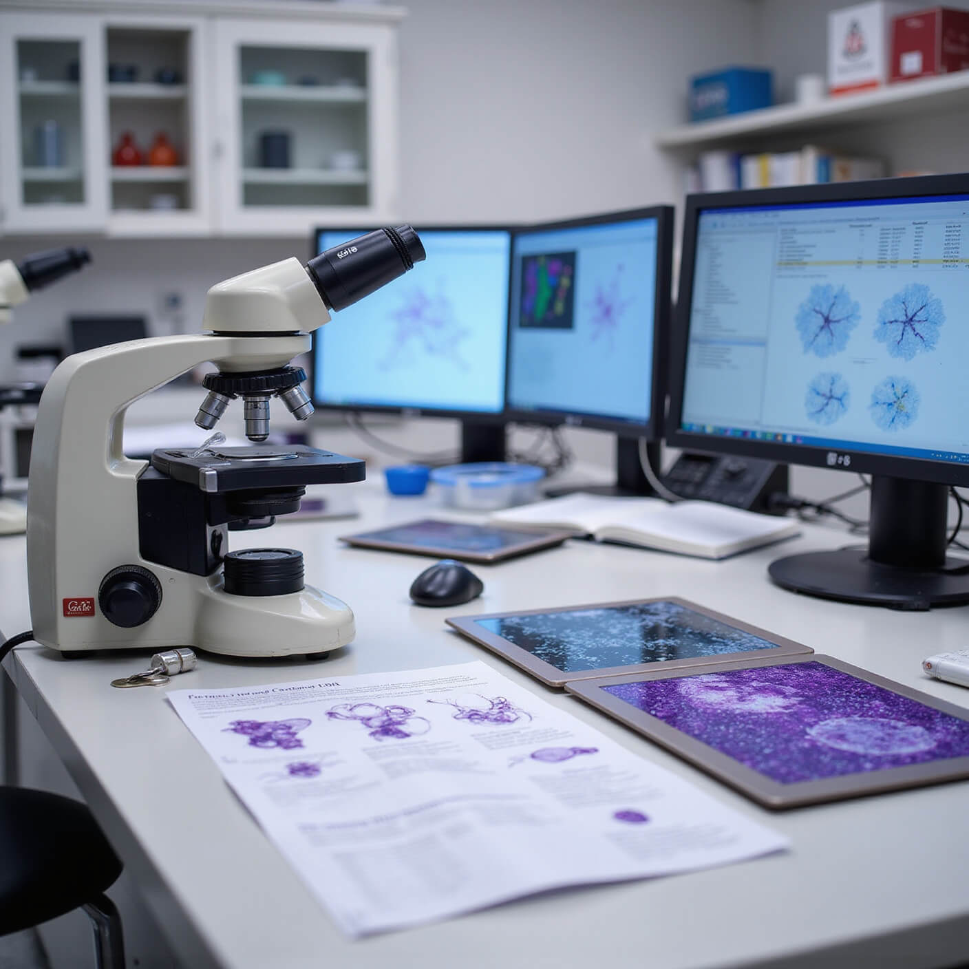 Modern laboratory with microscope equipment examining blueberry compounds, scientific monitors displaying data, glass slides with cellular images, antioxidant charts, and purple-accented lab tools in a clean, clinical setting.