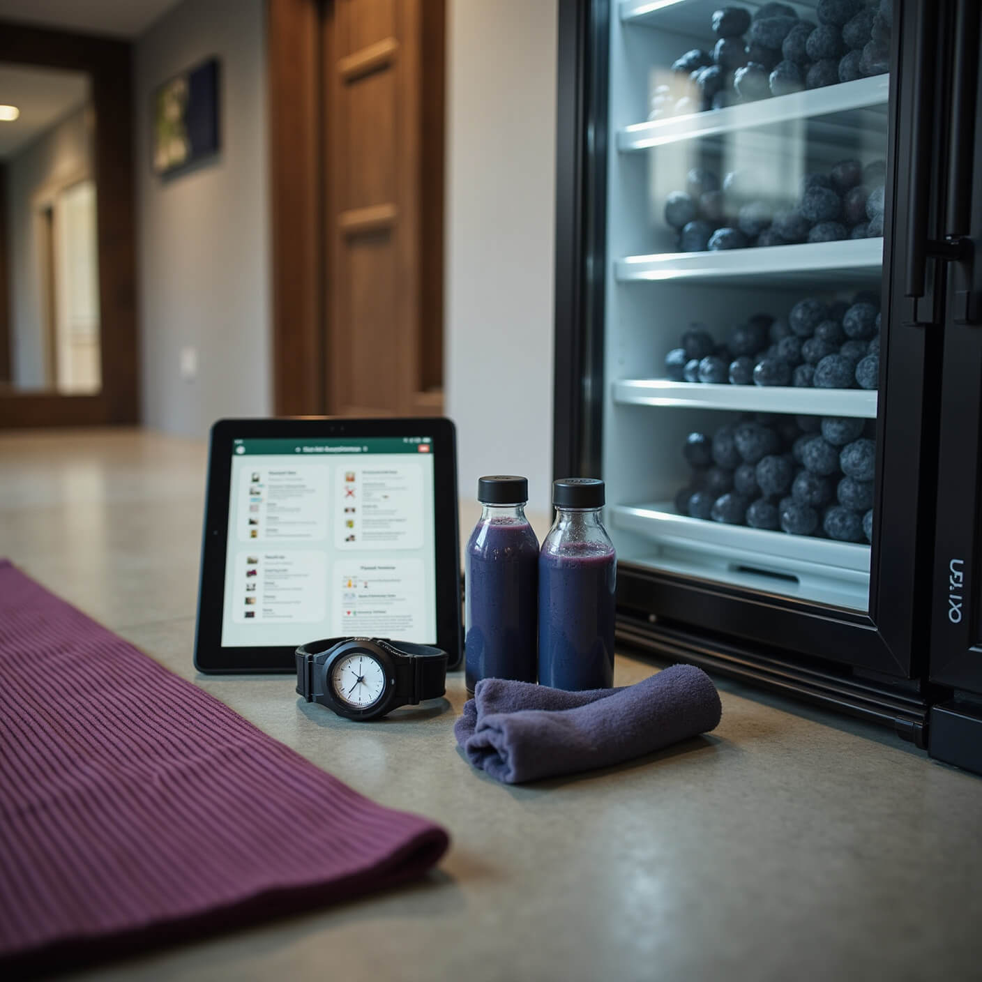 Home gym with modern concrete floors and wood accents, featuring a stocked recovery station with blueberry smoothies, workout gear, a tablet displaying fitness plans, and dramatic side lighting.