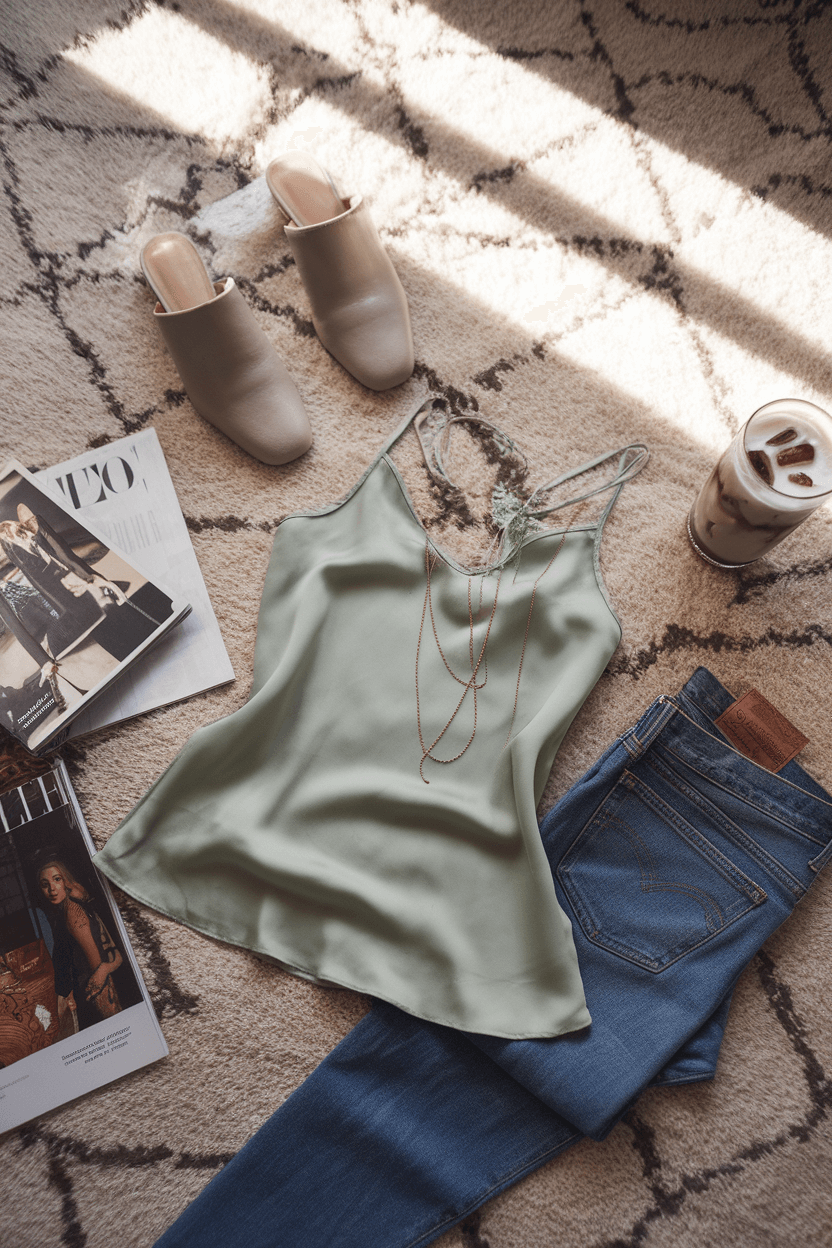 Flat lay of cozy home styling on an ivory rug with a sage green silk camisole, vintage Levi's jeans, gold jewelry, neutral mules, fashion magazines, and iced coffee in soft afternoon light.