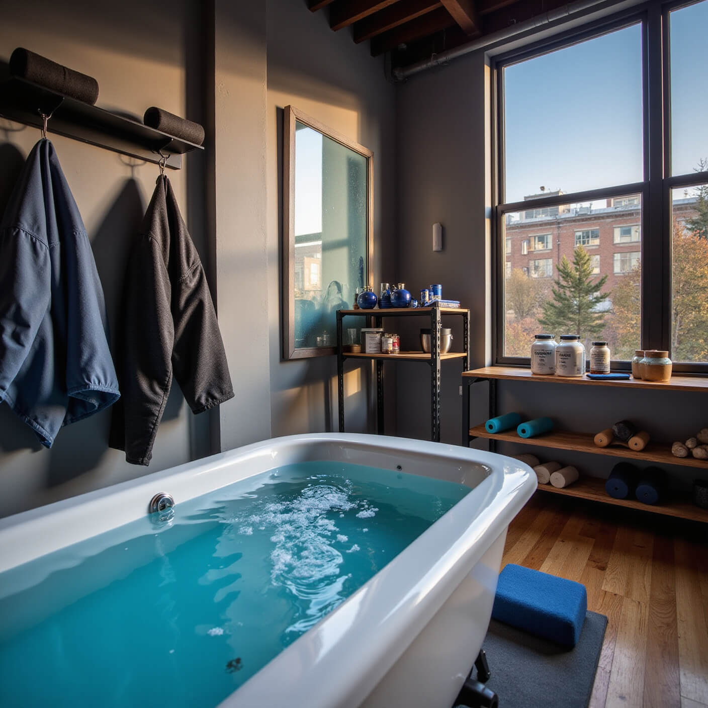 Professional athlete's recovery loft with soaking tub, gear on wall hooks, recovery tools on shelves, and evening light through tall windows.