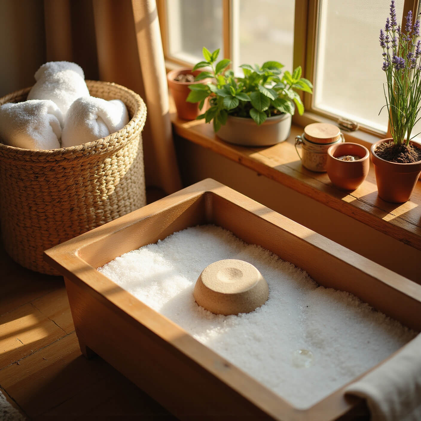 Wooden foot bath with clear water and Epsom salts, surrounded by white towels, natural foot care items, and potted mint and lavender on bamboo shelves in warm afternoon light.