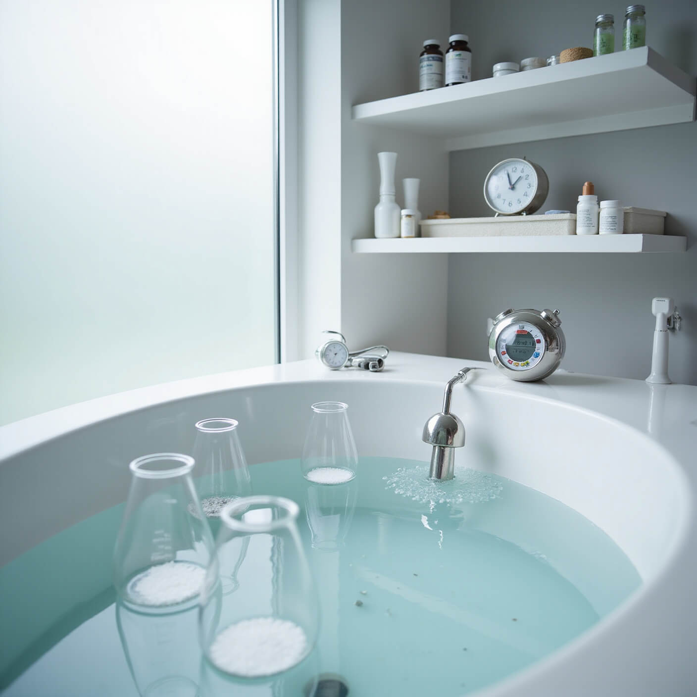 Modern clinical bathroom with white tub, Epsom salts in beakers, digital thermometer, timer, pH strips, and mineral supplements neatly arranged on floating shelf in cool morning light.