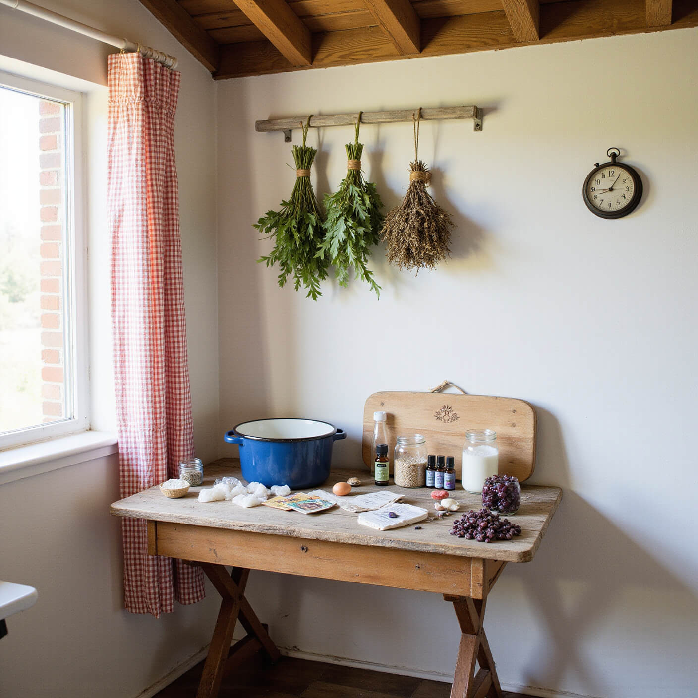 Rustic farmhouse kitchen wellness station with vintage enamel bowl of Epsom salt, dried herbs, crystals, glass jars of salts and oils, remedy cards, and herb bundles hanging from ceiling beams in warm afternoon light.
