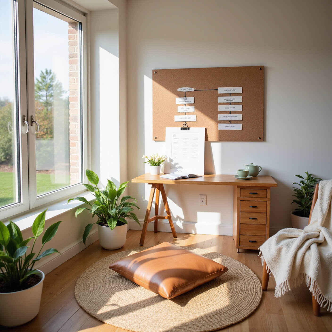Serene home office with floor-to-ceiling windows, meditation corner with leather cushion and peace lilies, minimalist desk with journal and green tea, cork board of goals, bamboo floors, and cozy reading nook.
