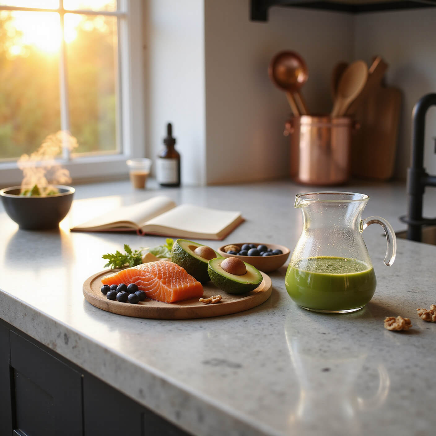 Modern kitchen during golden hour with marble countertop displaying salmon, avocados, blueberries, walnuts, an open meal planning journal, glass water carafe, copper cookware, and steaming matcha preparation, emphasizing mindful nutrition.
