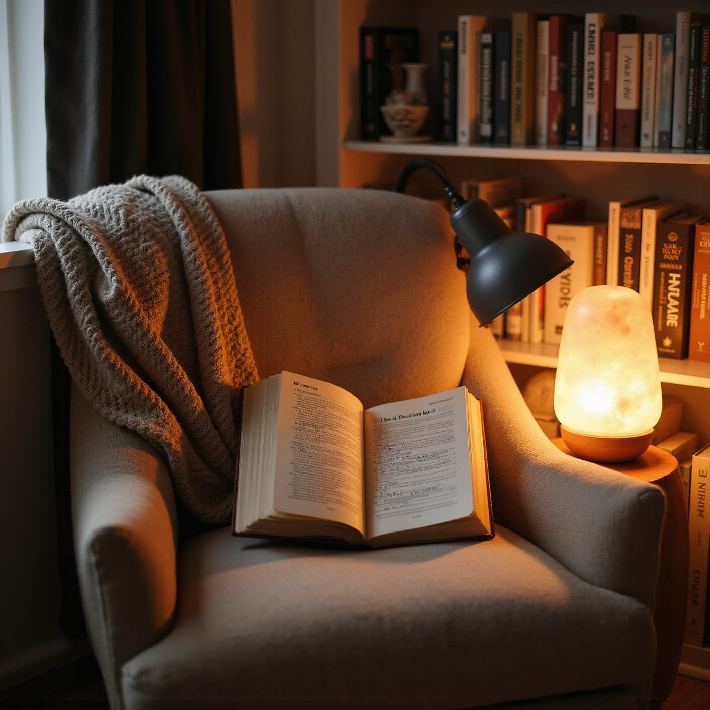 Close-up of cozy reading nook with oversized linen armchair, built-in bookshelf, open journal showing decision matrix, warm lamp light, Himalayan salt lamp glow, essential oil mist, and textured woven throw.