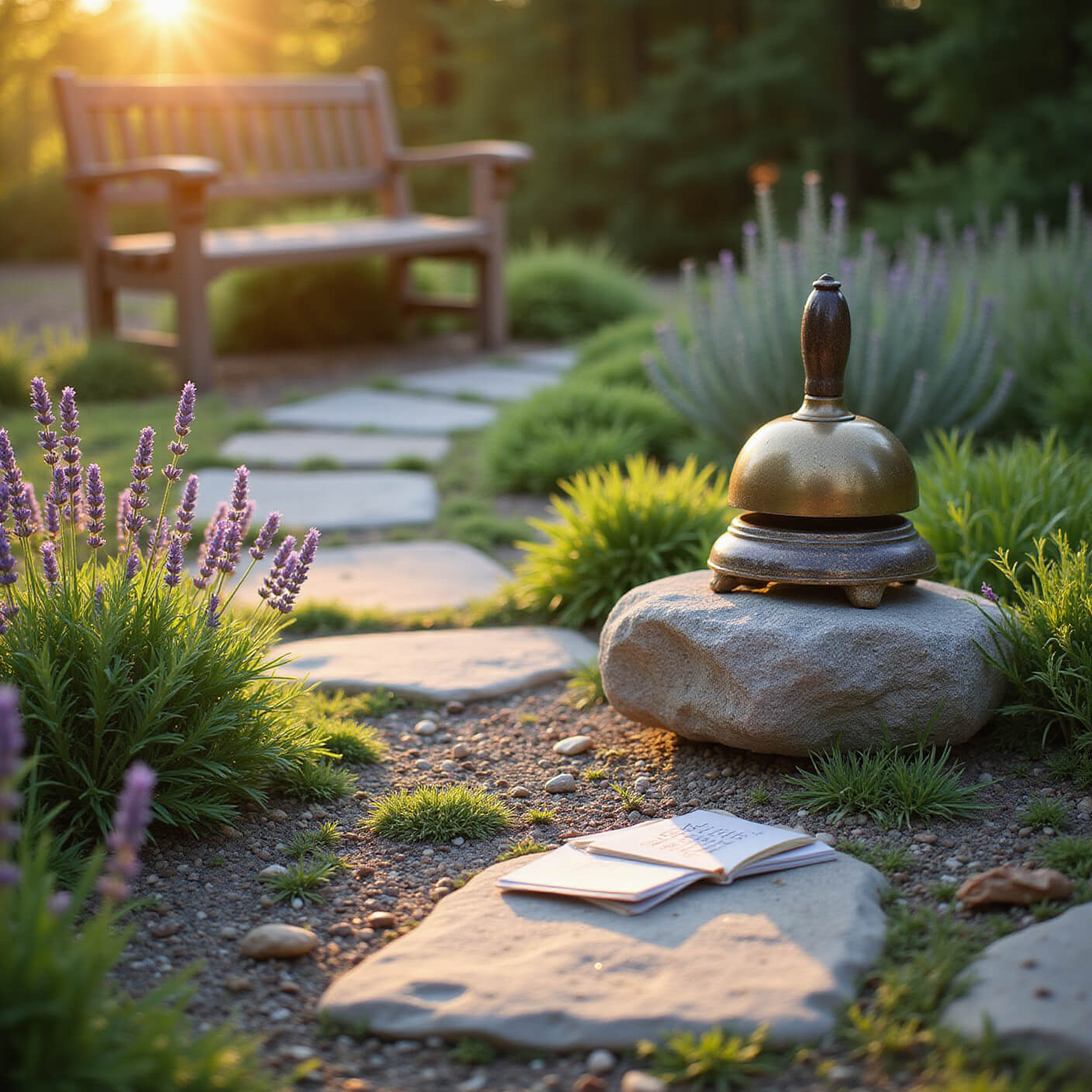 Ground-level view of a serene outdoor meditation garden at sunrise, with a stone path leading to a wooden bench surrounded by lavender, sage, dew-kissed grass, a mindfulness bell on a stone pedestal, zen rake patterns in gravel, and a journal with gratitude cards.