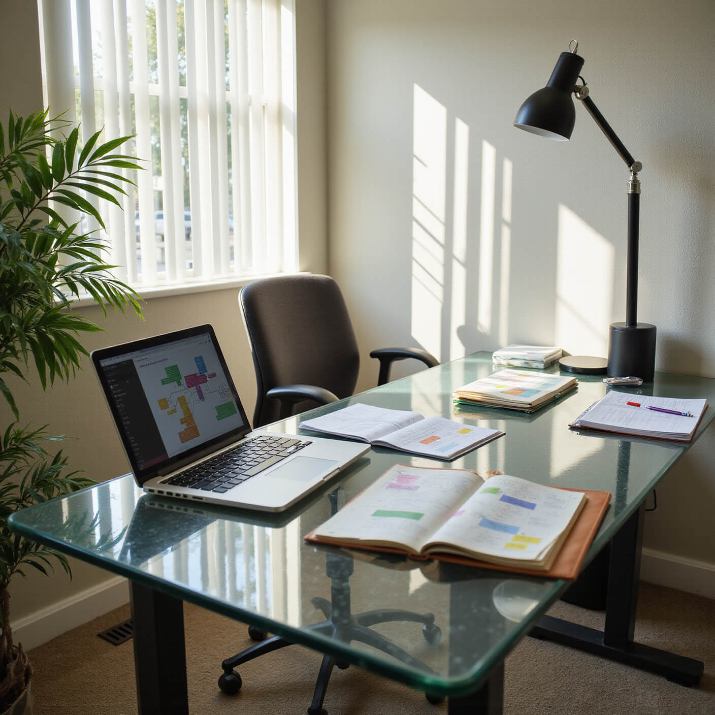 Modern professional workspace with glass desk, laptop displaying mind mapping software, leather-bound planner open to project plans and priority matrix, ergonomic chair, standing desk converter, vertical blinds casting shadows, and plant wall in background.