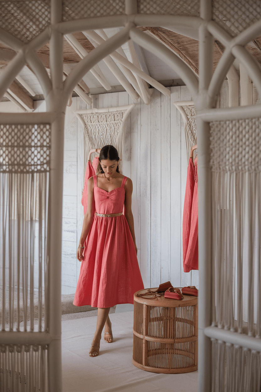 Petite woman in coral linen dress in beachside boutique changing room with whitewashed wood, macramé accents, rattan table with gold jewelry and leather accessories, viewed through an elegant archway in soft, diffused light.