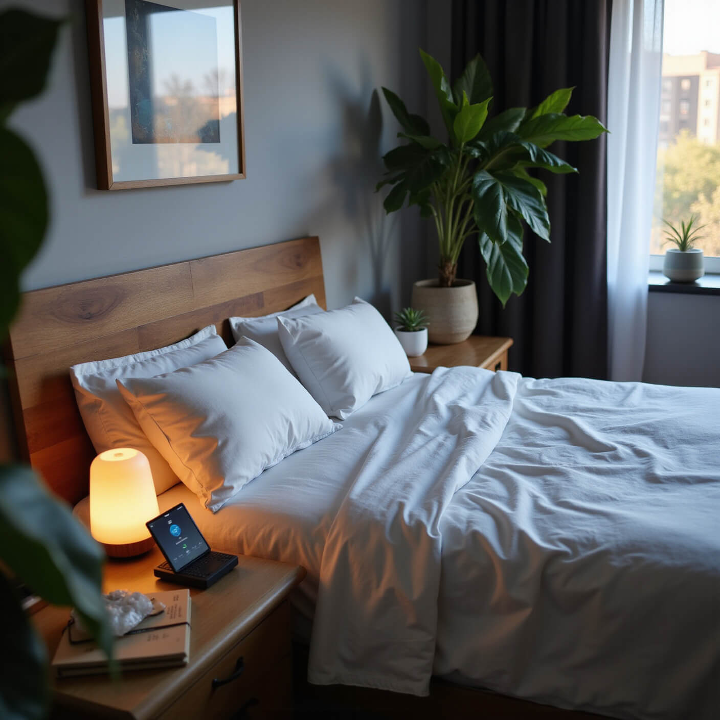 Wellness-focused bedroom at dusk with king bed, organic linens, sleep-tracking device, mindfulness app, salt lamp, aromatherapy diffuser, sleep journal, herbal tea station, blackout curtains, and air-purifying plants.