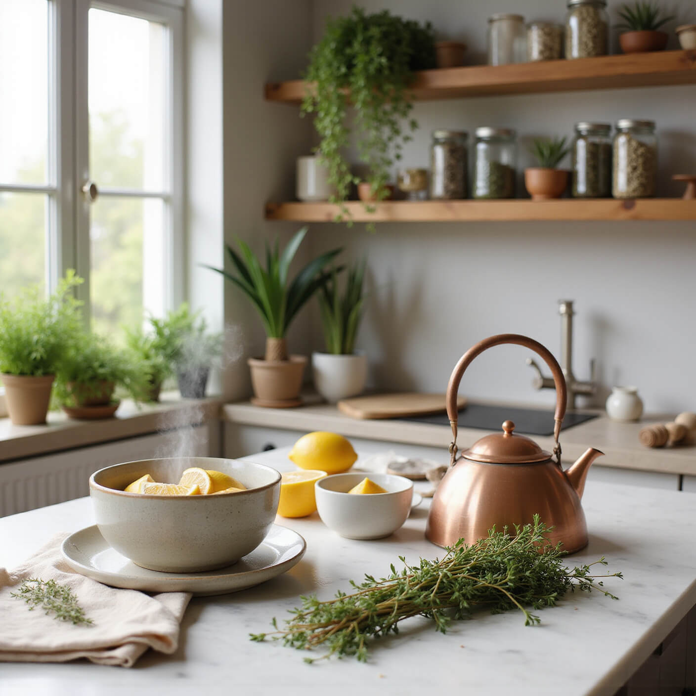 Modern farmhouse kitchen with marble island featuring fresh thyme, honey, lemon, steaming water, and a copper kettle, surrounded by jars of dried herbs and potted thyme in morning light.