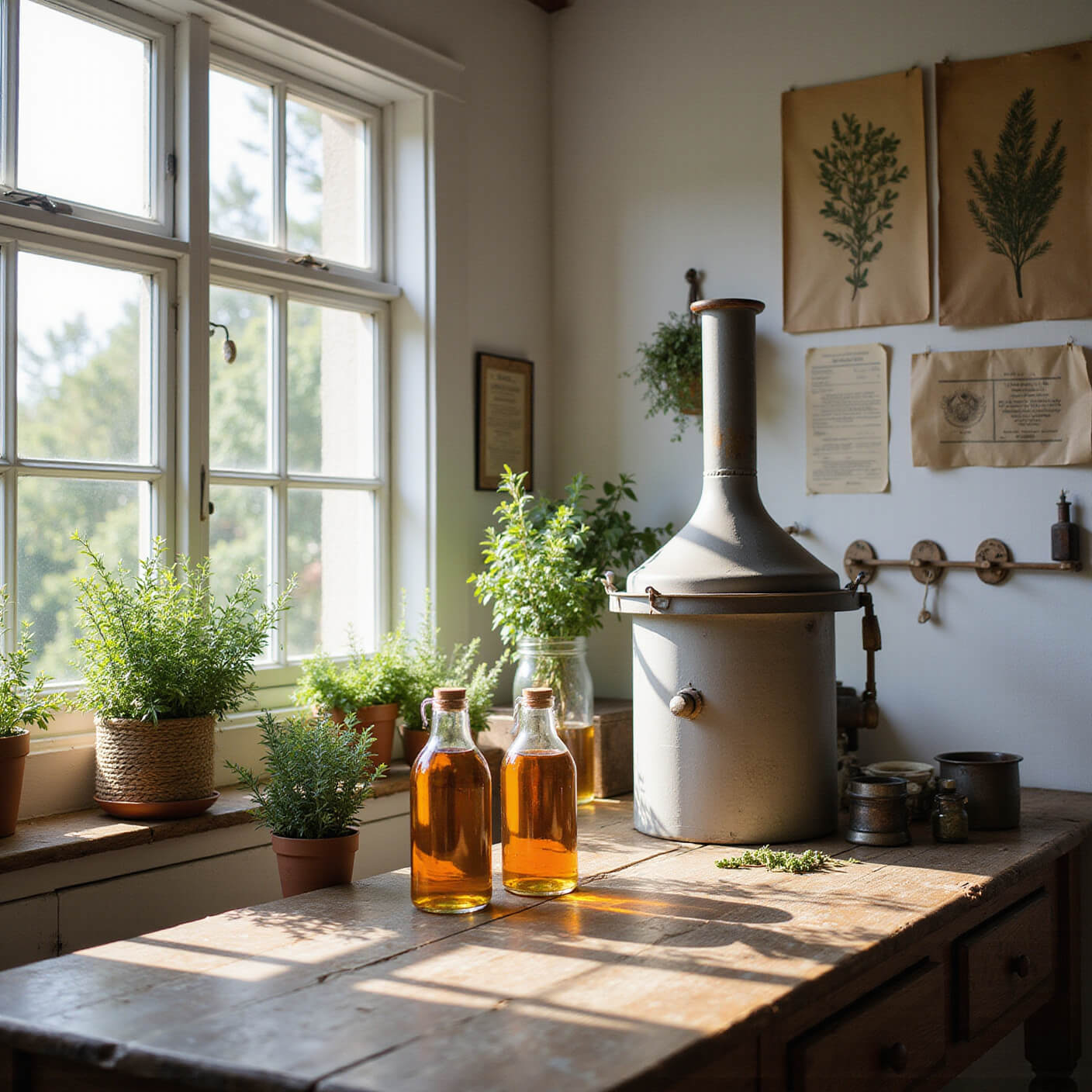 Sunlit herbalist workspace with thyme preparations, featuring a distillation setup, tincture bottles, drying thyme, vintage botanical prints, and copper tools on a weathered wooden table.