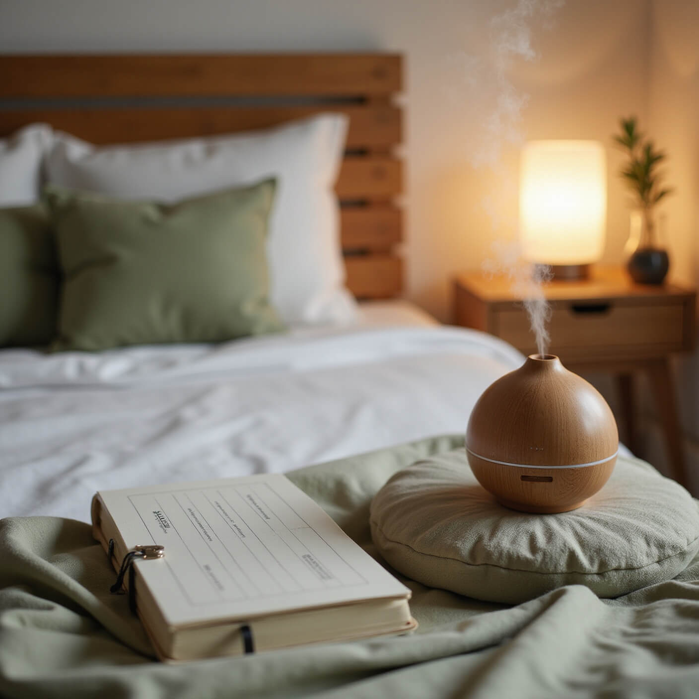 Minimalist bedroom with ceramic diffuser emitting mist, warm bedside lighting, white linen bedding, sage green accents, natural wood furniture, journal, meditation cushion, and tablet with wellness app.
