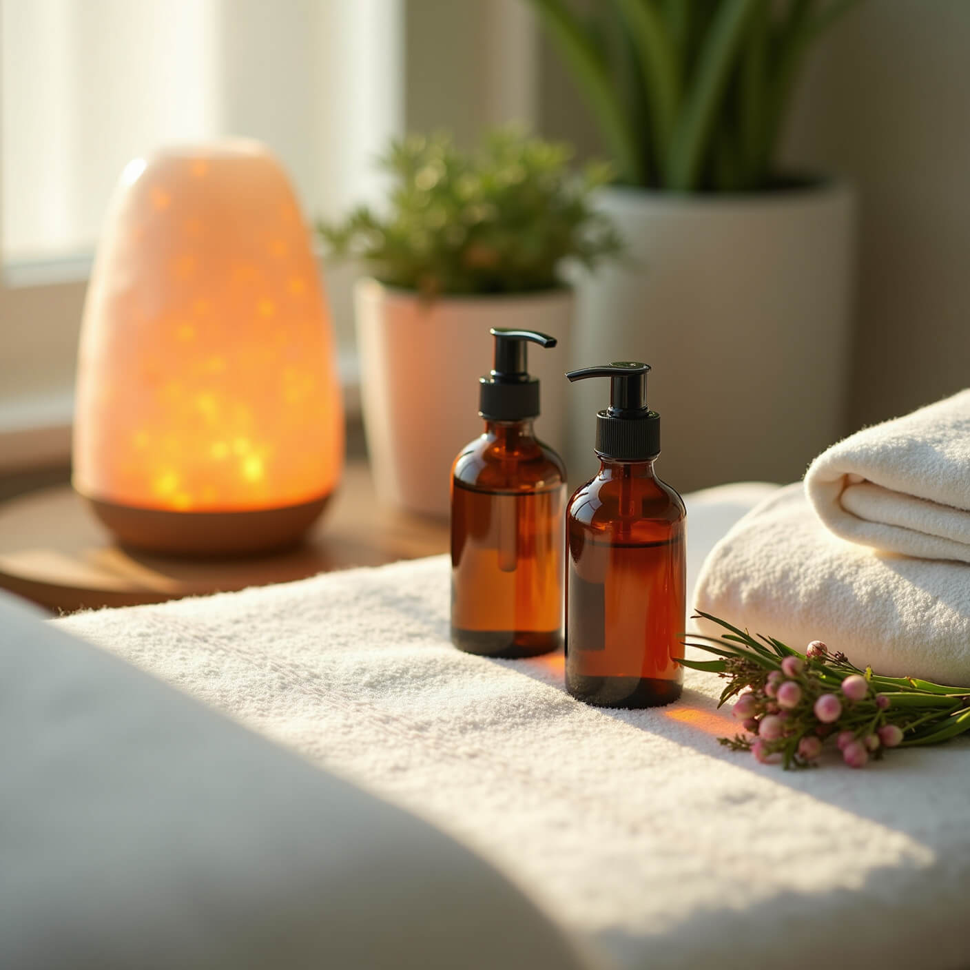 Spa treatment room with bamboo linen table, thyme-infused oils, Himalayan salt lamp, potted herbs, and essential oil mist.