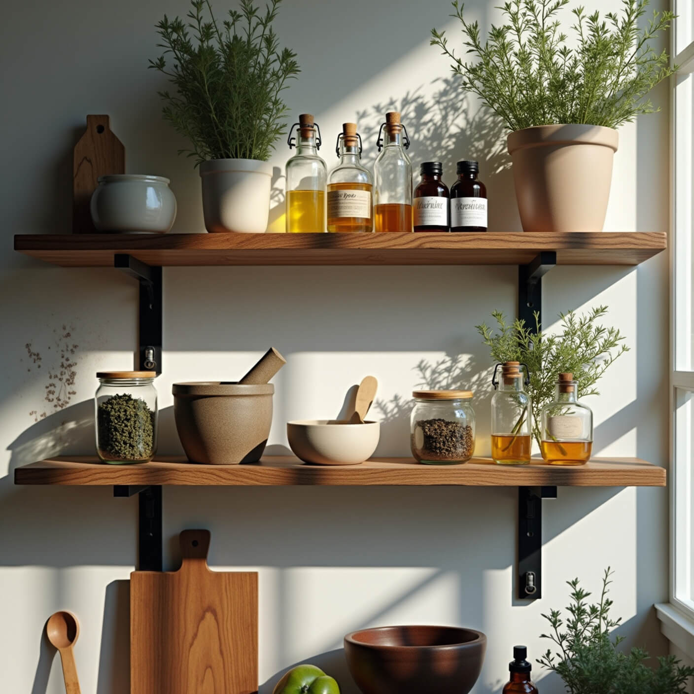 Modern apothecary shelf with glass jars of dried thyme, tinctures, homemade remedies, copper spoons, mortar and pestle, and handwritten recipe cards on reclaimed wood, lit by natural side light.