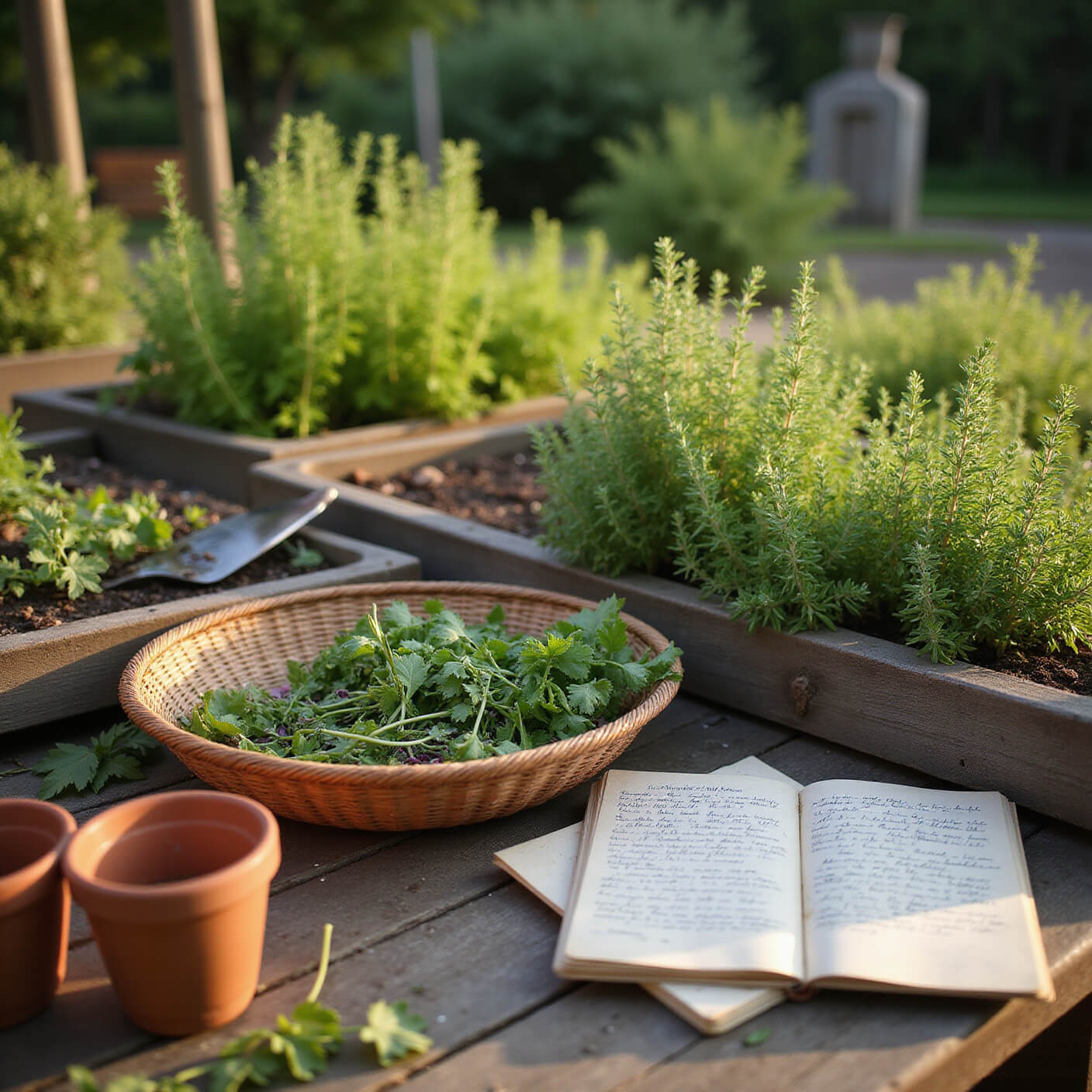 Rustic garden-to-table scene with thriving thyme in raised beds, freshly cut herbs in a vintage basket, garden tools, terracotta pots, and a handwritten journal under warm golden hour light.