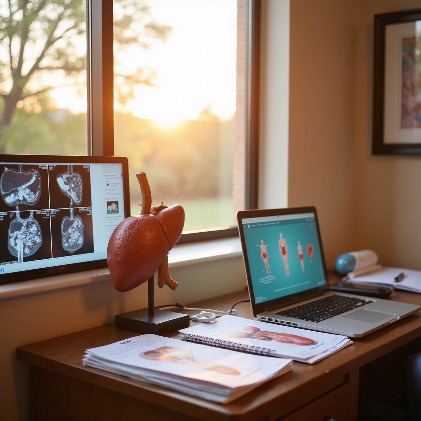 A modern medical office bathed in golden hour light, featuring a 3D liver model on a mahogany desk, digital liver scans, medical books, a laptop with health data, and anatomical charts on alcohol's effects.