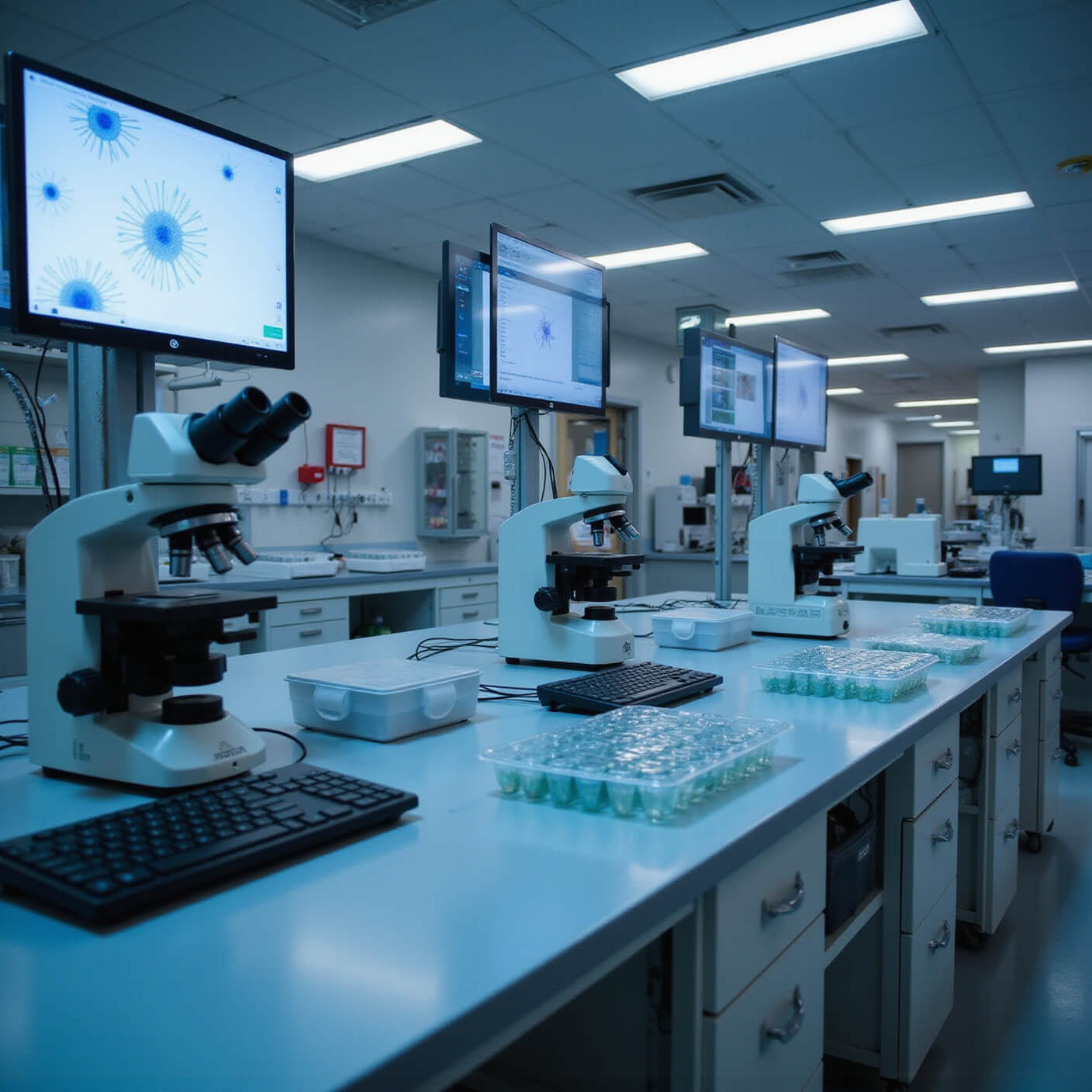 Advanced immunology lab at dusk with microscopes displaying white blood cell activity, organized equipment on spotless benches, and cool LED lighting highlighting a sleek white and steel interior.