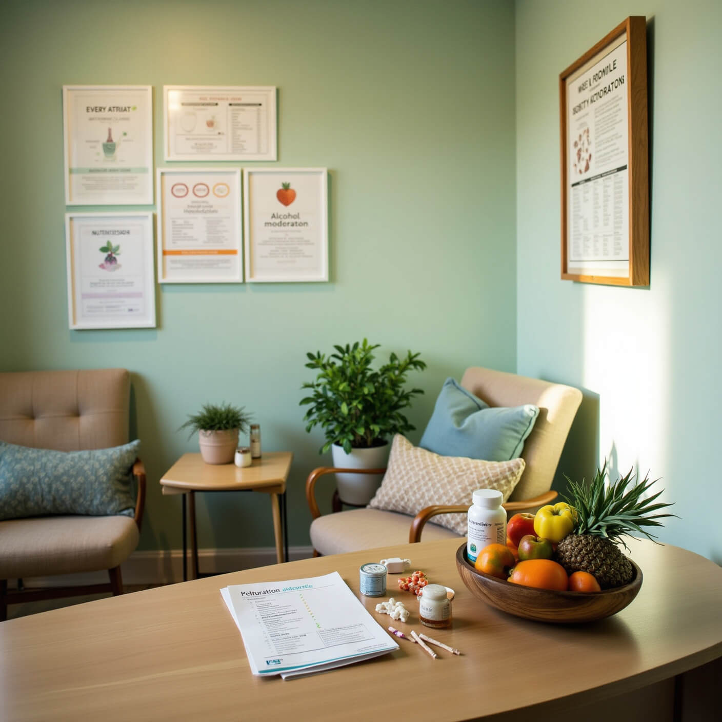 Consultation room in a wellness clinic with a nutritionist’s desk holding fresh fruits, supplements, and hydration charts; sage green walls decorated with health infographics; potted plants and cozy seating enhance the welcoming atmosphere.