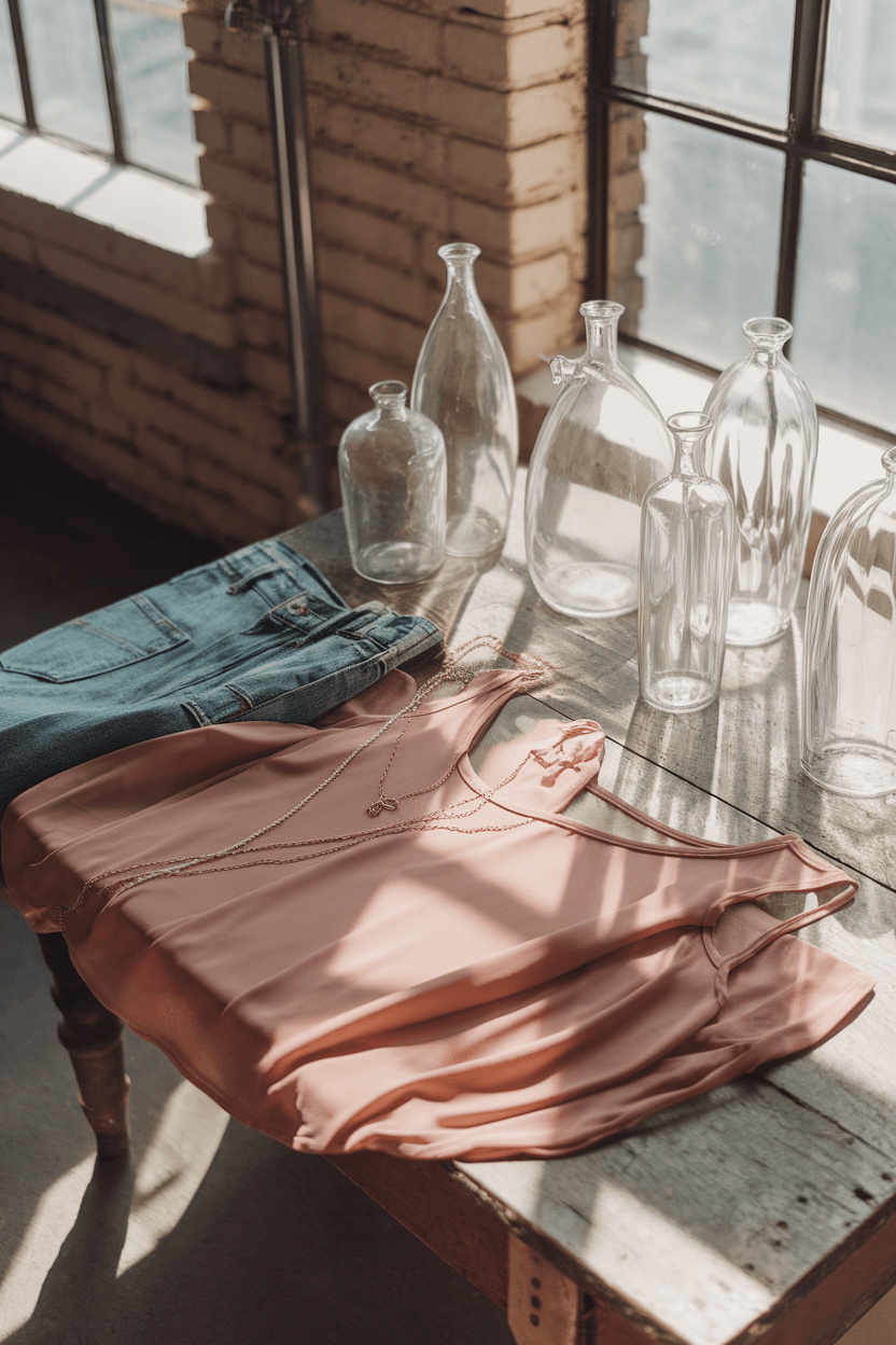Fashion blogger layering summer outfits in a sunlit studio with exposed brick, vintage table, delicate jewelry, and clear vases casting soft shadows.