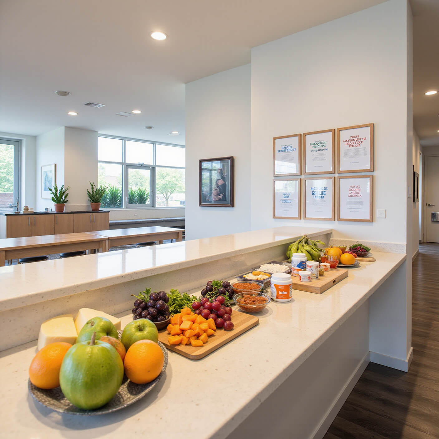 Bright recovery center nutrition station with fresh produce, protein foods, supplements, and educational materials on marble counters in a warm, airy space.