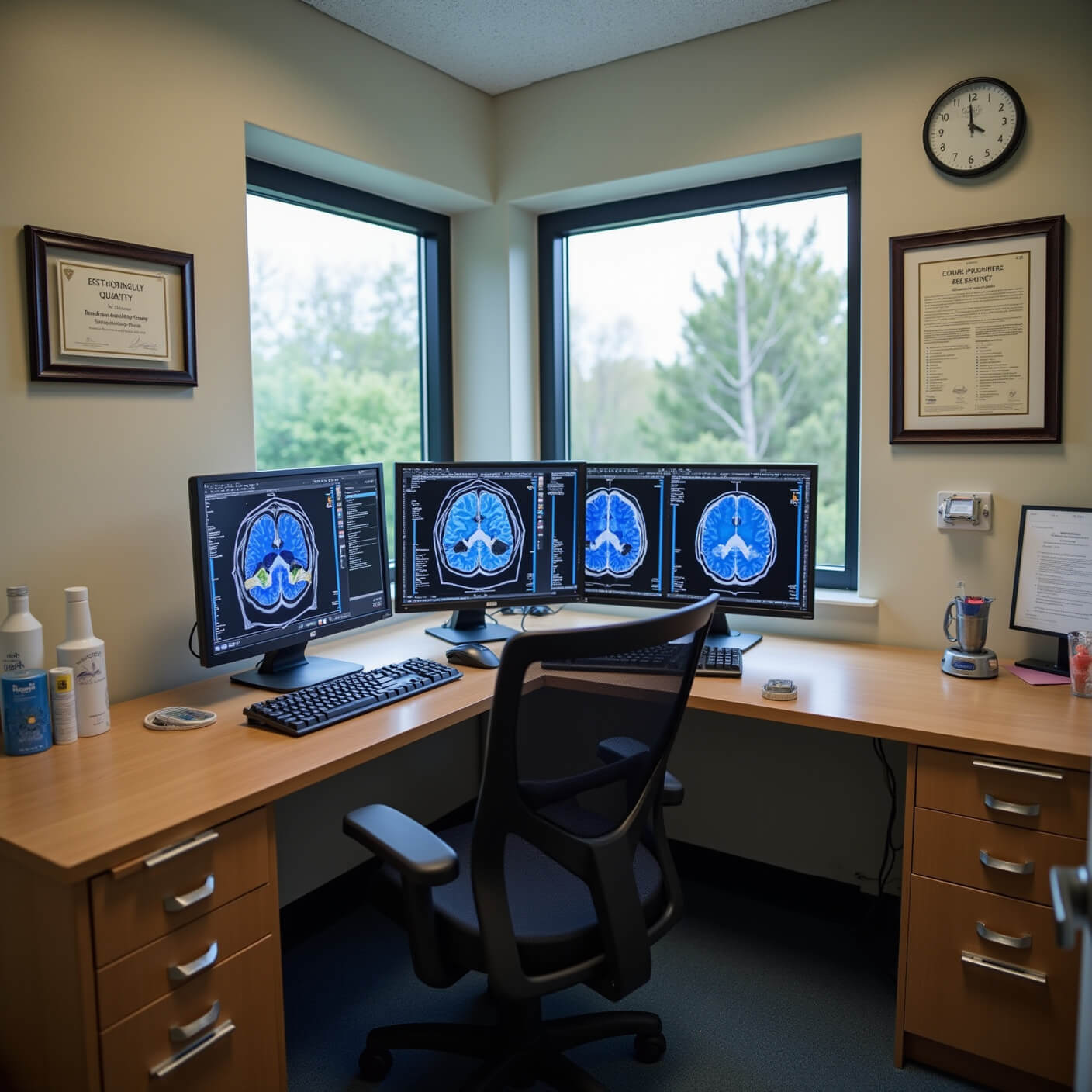 A peaceful medical research office at sunrise with computer screens showing brain scans and sleep data, walls lined with certificates and publications, and 3D models illustrating health improvements from reduced alcohol use, in soothing blue and green tones.