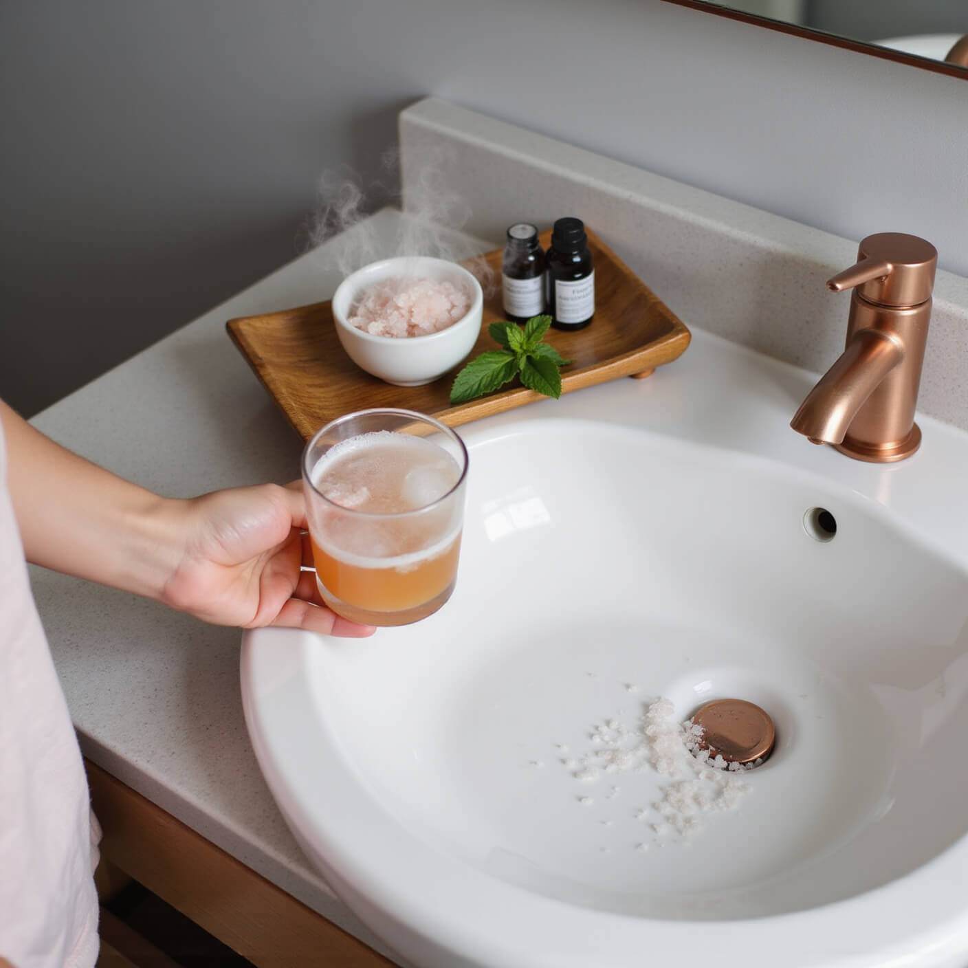 Person gargling salt water over a white porcelain sink in a sunlit minimalist bathroom with a bamboo tray holding pink salt, dental products, and fresh mint; steam rising from a glass of warm water.