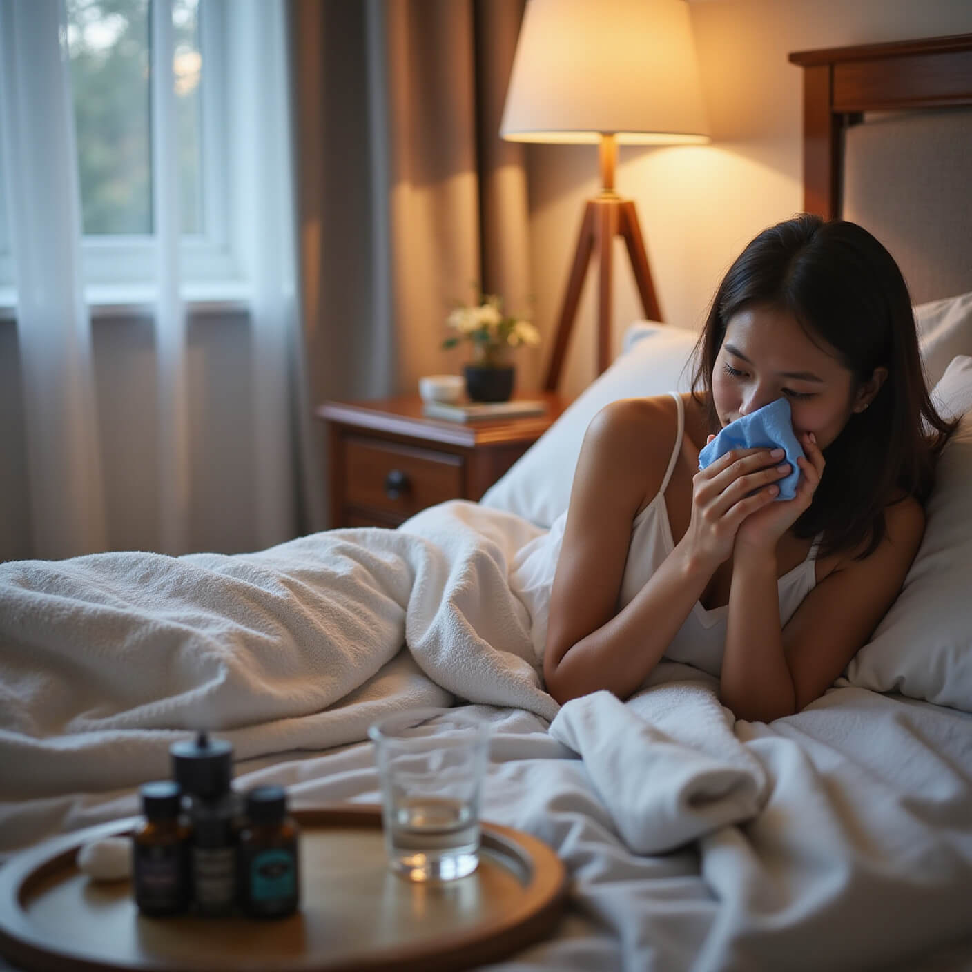 Person applying a blue ice pack wrapped in a white towel to their cheek in a cozy, warmly lit bedroom with a water glass, pain relief supplements, and a lavender diffuser on the bedside table.