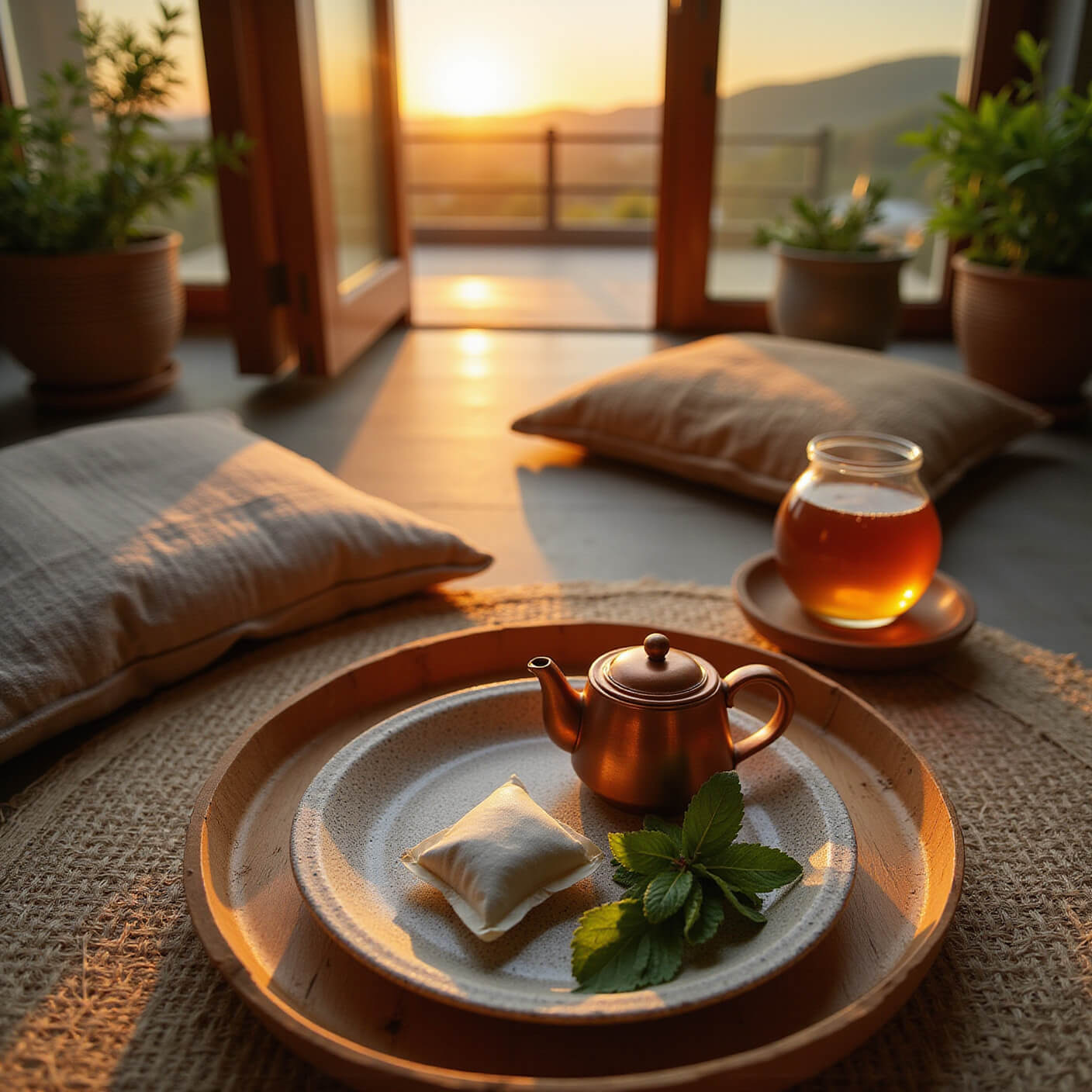 Cozy meditation corner at sunset with used peppermint tea bags on a ceramic plate, steaming copper kettle on bamboo tray, fresh mint leaves, honey jar, linen floor cushions, potted plants, and glowing salt lamp in warm golden light.