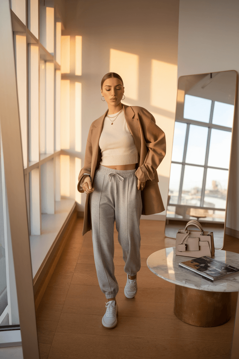 Fashion influencer in sunlit minimalist studio, styling gray joggers with a cream crop top and camel blazer; white sneakers, gold jewelry, and designer handbag complete the chic look.