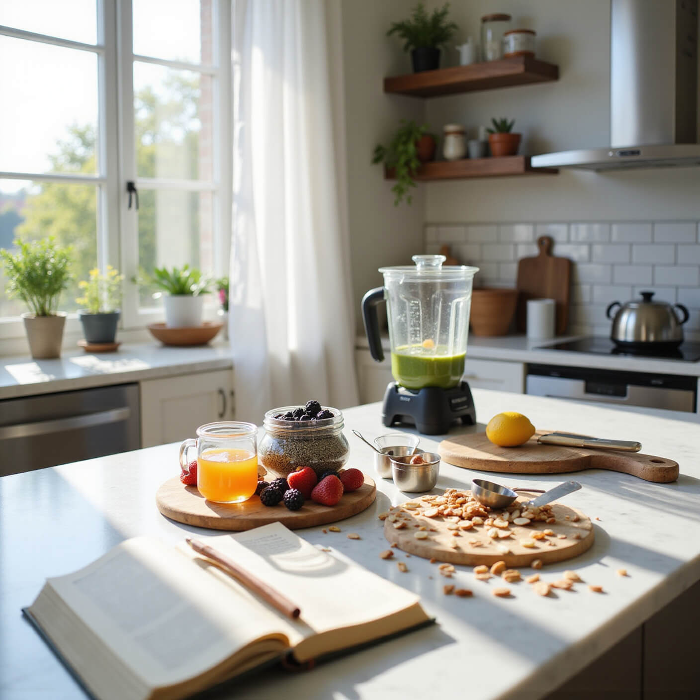 Bright, sunlit modern kitchen with marble island displaying chia seeds, berries, honey, blender with green smoothie, open recipe notebook, and potted herbs on windowsill.