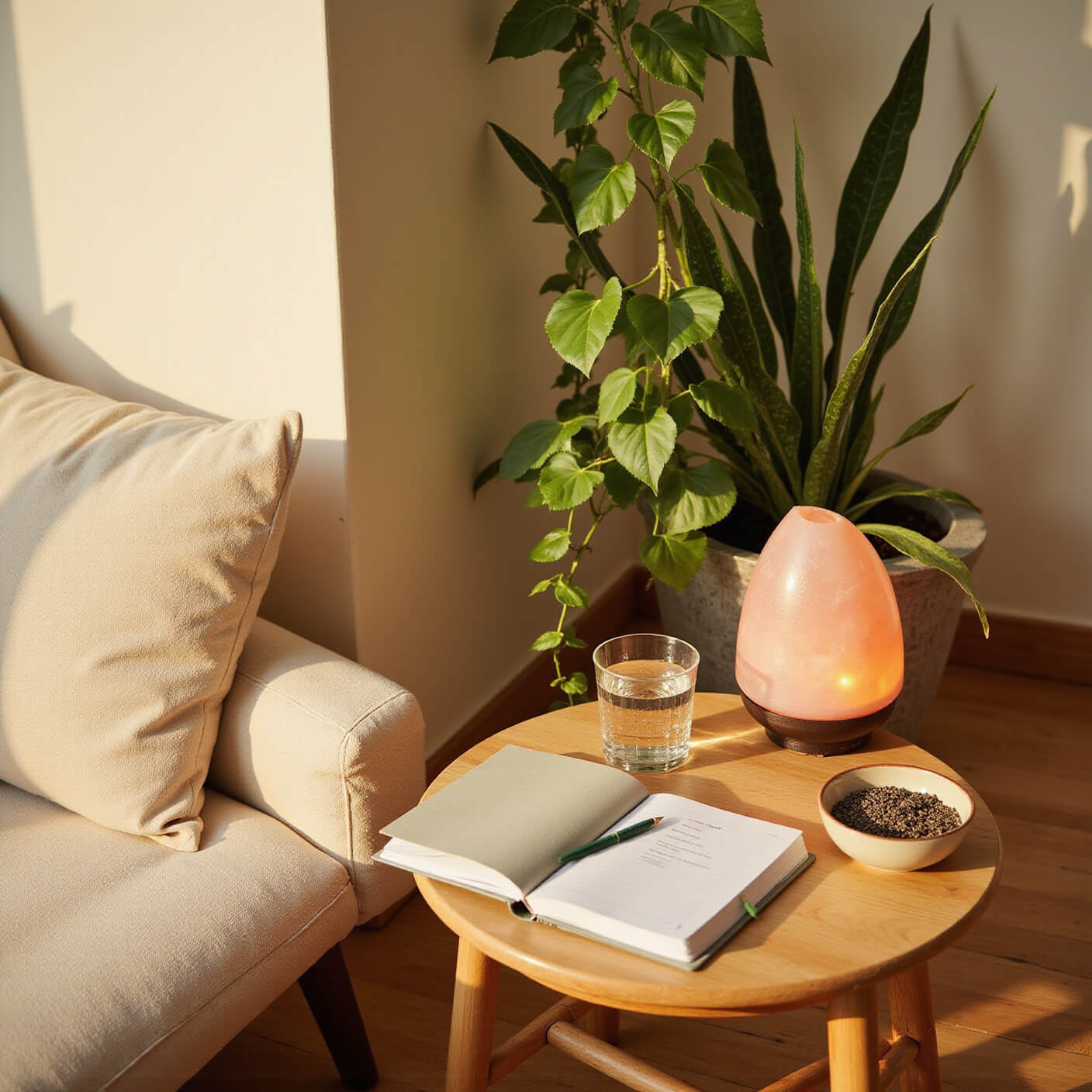 Cozy wellness corner with meditation cushion, wooden table, chia water, mindfulness journal, ceramic bowl of chia seeds, potted plants, and Himalayan salt lamp on bamboo flooring at golden hour.