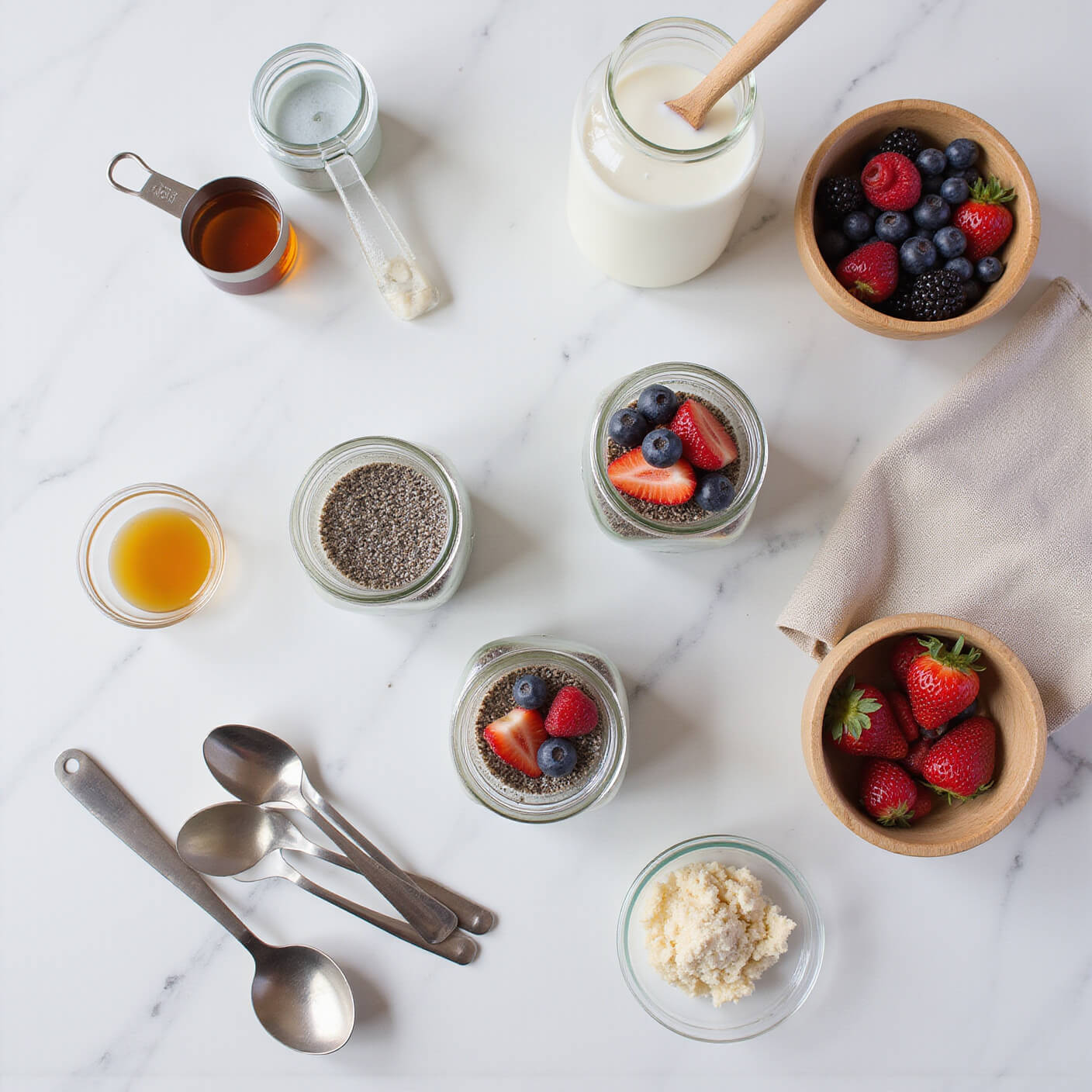 Overhead view of a professional kitchen setup showing three mason jars of chia pudding at different stages, surrounded by ingredients like almond milk, honey, vanilla extract, fresh berries, measuring cups, and utensils on a marble counter.