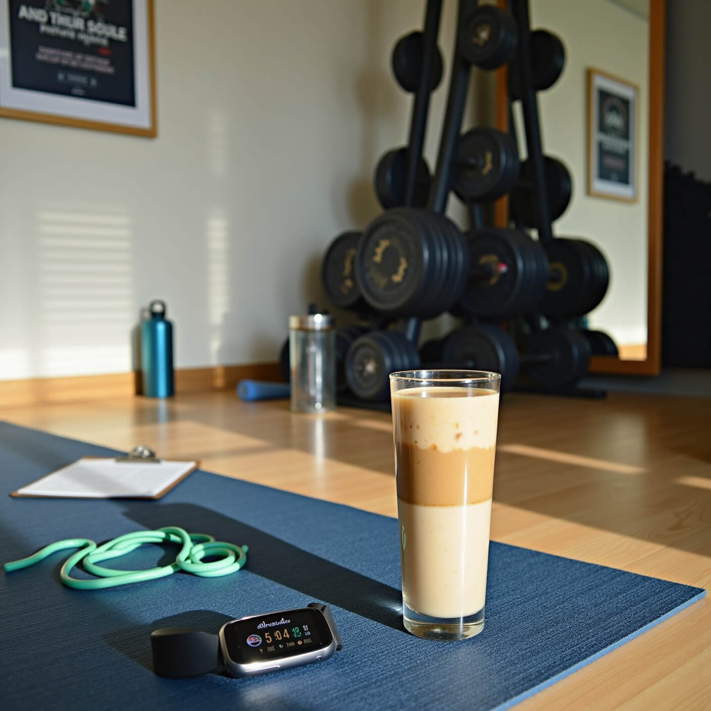 Morning home gym scene with exercise mat, resistance bands, smartwatch, chia smoothie, weights rack, motivational poster, mirror, and workout essentials in natural sunlight.