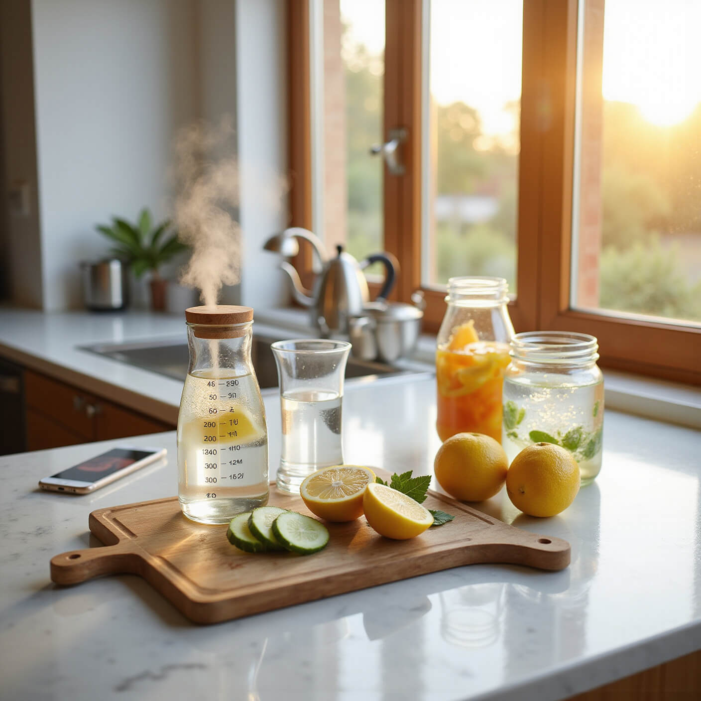 Modern kitchen at sunrise with sunlight streaming through windows, featuring a glass water bottle with time markers, citrus and cucumber on a cutting board, fruit-infused waters on marble counters, a steaming kettle, hydration app on smartphone, and eco-friendly water bottles arranged naturally.