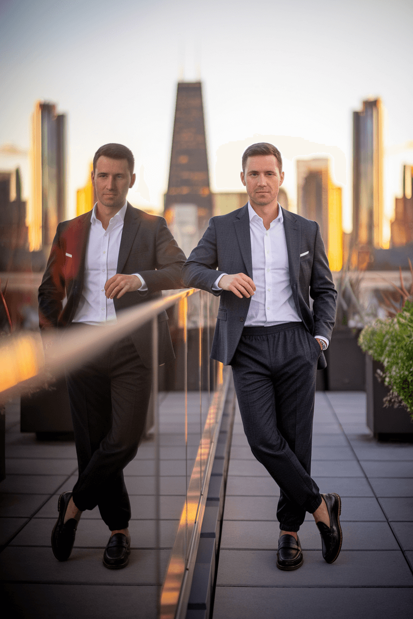 Professional woman on urban rooftop terrace at sunset, wearing black sweatpants, white button-down shirt, charcoal blazer, and black loafers, with sleek low bun and minimal silver jewelry, city skyline in background.