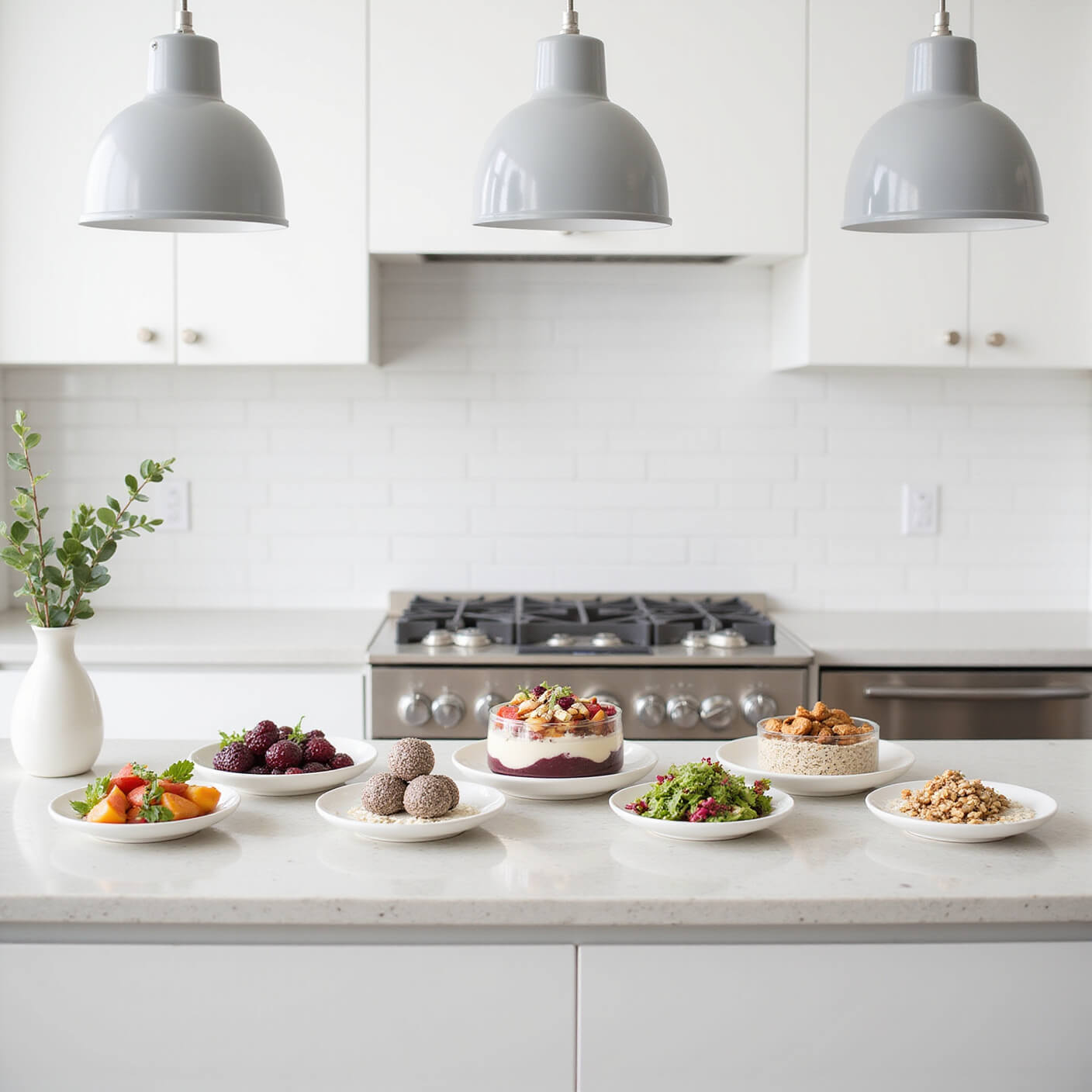 Minimalist kitchen counter with five chia seed dishes on white plates—yogurt parfait, smoothie bowl, overnight oats, salad topping, and energy balls—garnished with fruits, nuts, and edible flowers; subway tile backsplash and eucalyptus in vase in background.