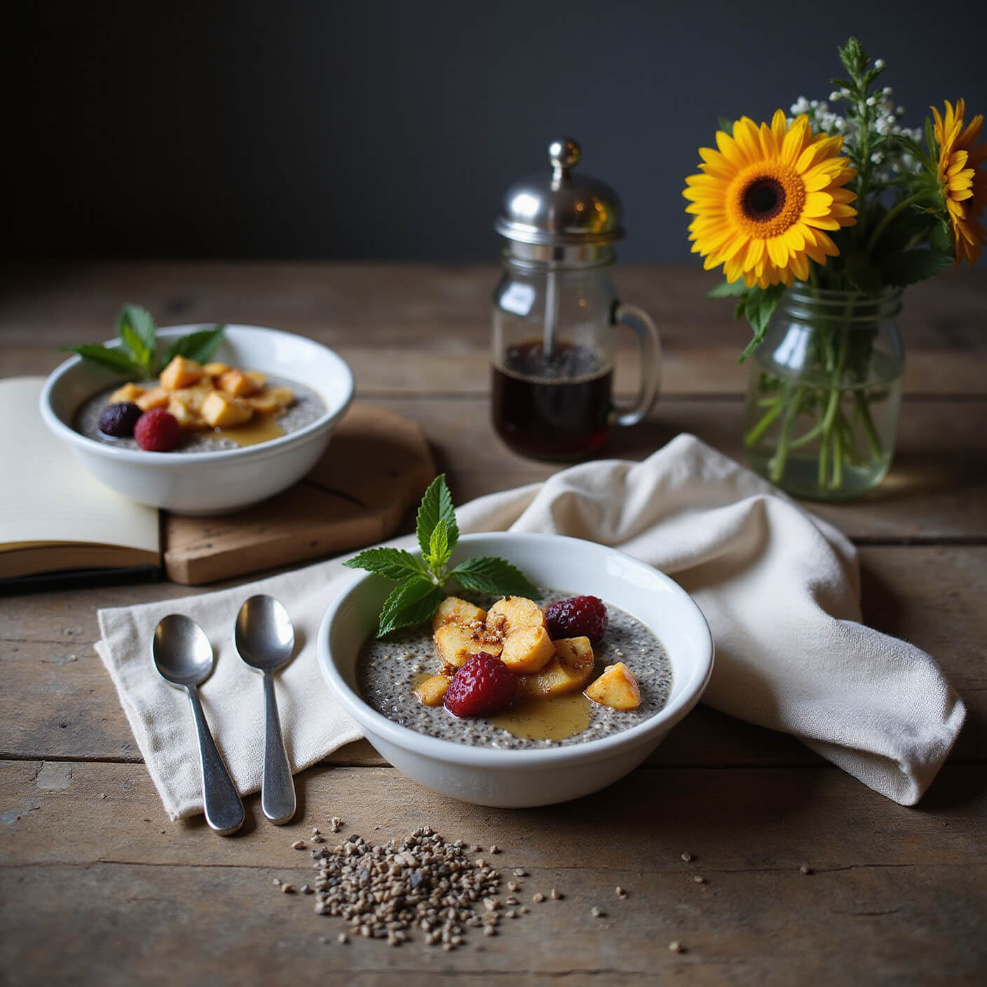 Rustic farmhouse kitchen table set for breakfast with chia pudding bowls topped with fruit and mint, honey drizzle, French press coffee, wellness journal, and flowers in mason jar, in dramatic morning light.