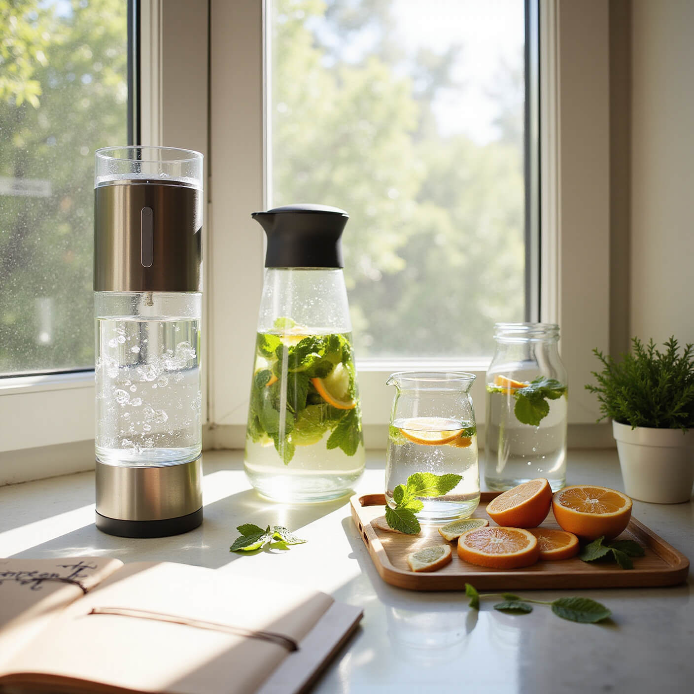 Sunlit modern kitchen counter with glass water filter, reusable containers, citrus and mint on a bamboo tray, hydration journal, and potted herbs in warm natural light.