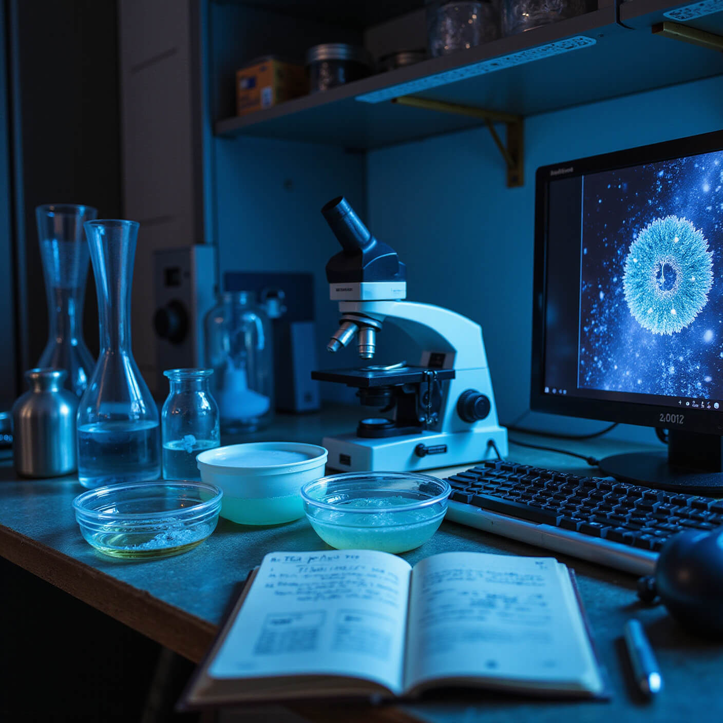 Microscopic photography setup examining water samples under blue lighting, with petri dishes, microscopes, digital displays showing microplastics, and a researcher's open notebook on a dark laboratory workspace.