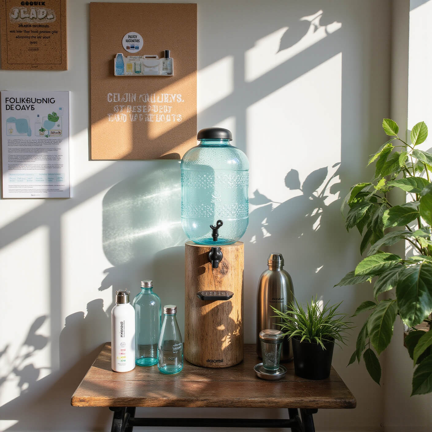 Serene home office wellness station with glass water dispenser on wood stand, surrounded by bottles and thermoses, cork board with hydration infographics, and smart water-tracking bottle in leafy afternoon light.