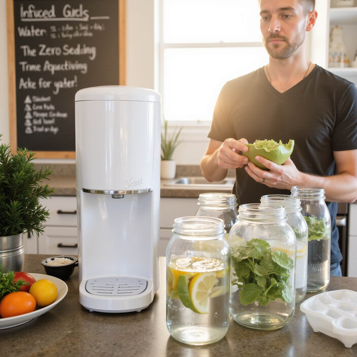 Zero-waste kitchen at golden hour with glass containers, reusable produce bags, mason jar infused waters, chalkboard goals, and sustainable storage solutions.
