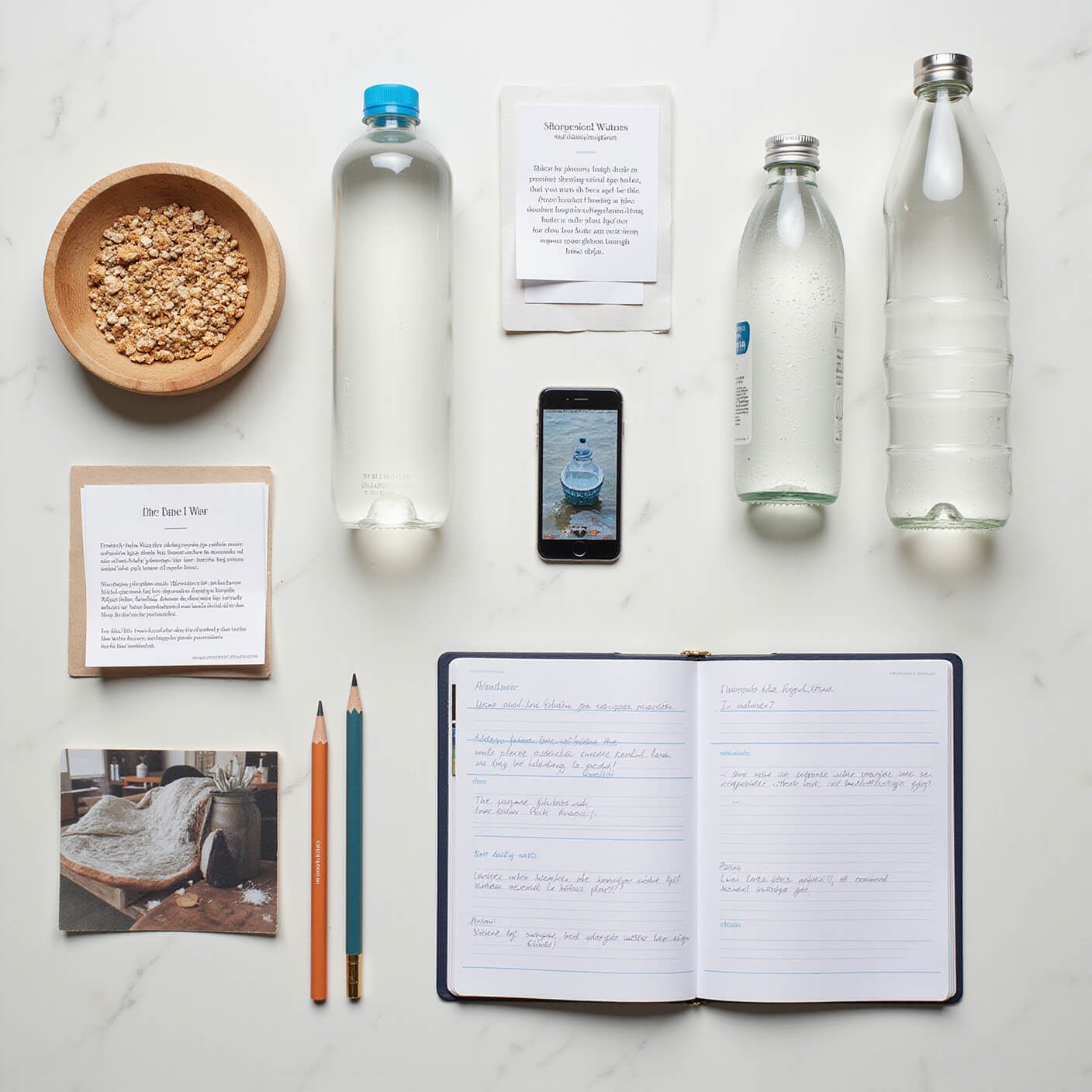 Flat lay on marble surface showing single-use plastic bottles beside sustainable alternatives, with informational cards on plastic pollution, a tablet displaying a water-tracking app, and a journal logging plastic reduction goals.